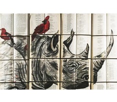 Beautiful Sepia Rhinoceros Water Color Painting With Birds on Book Canvass