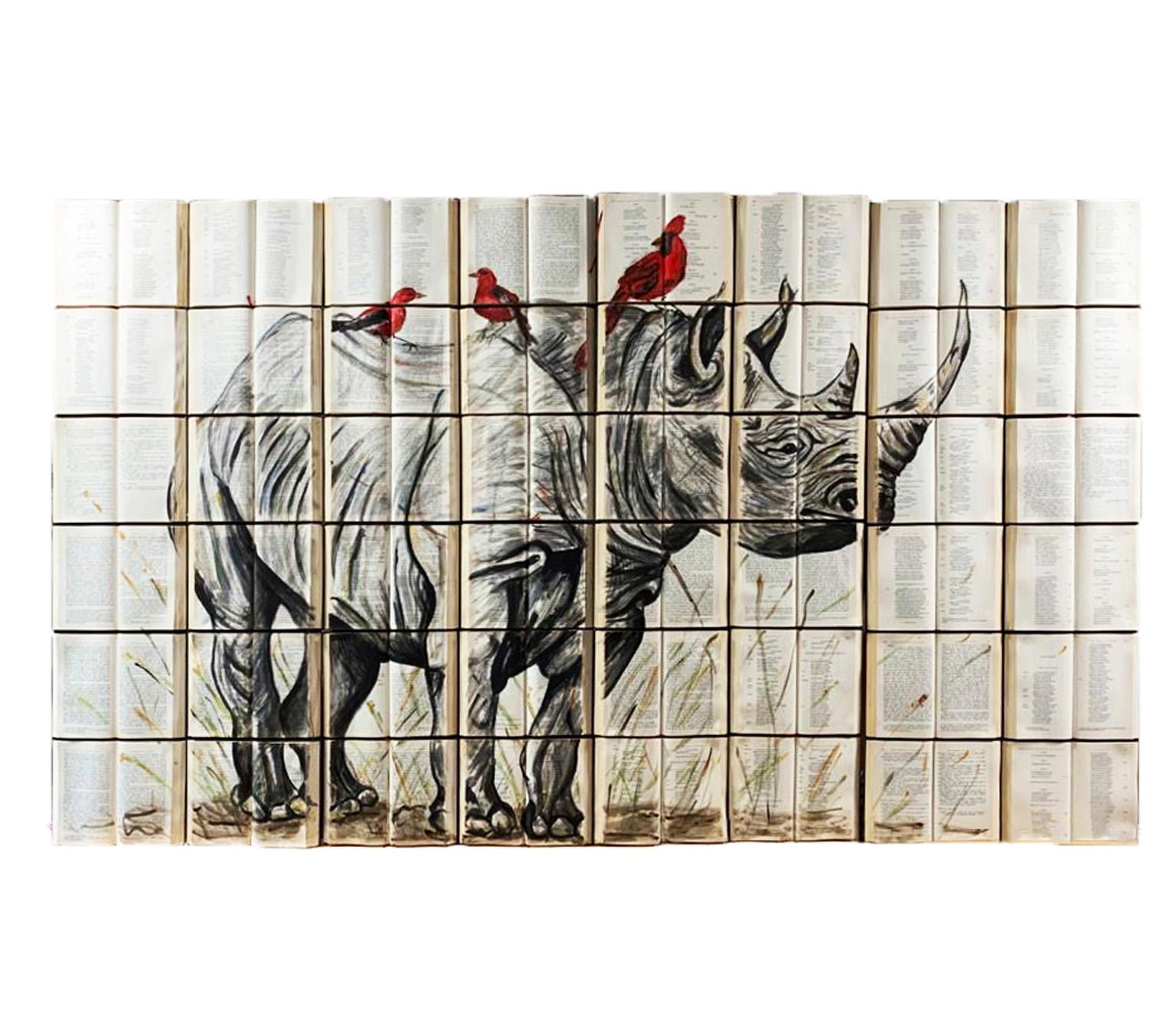Schönes Sepia Rhinoceros Aquarellgemälde mit Vögeln auf Buchleinwand