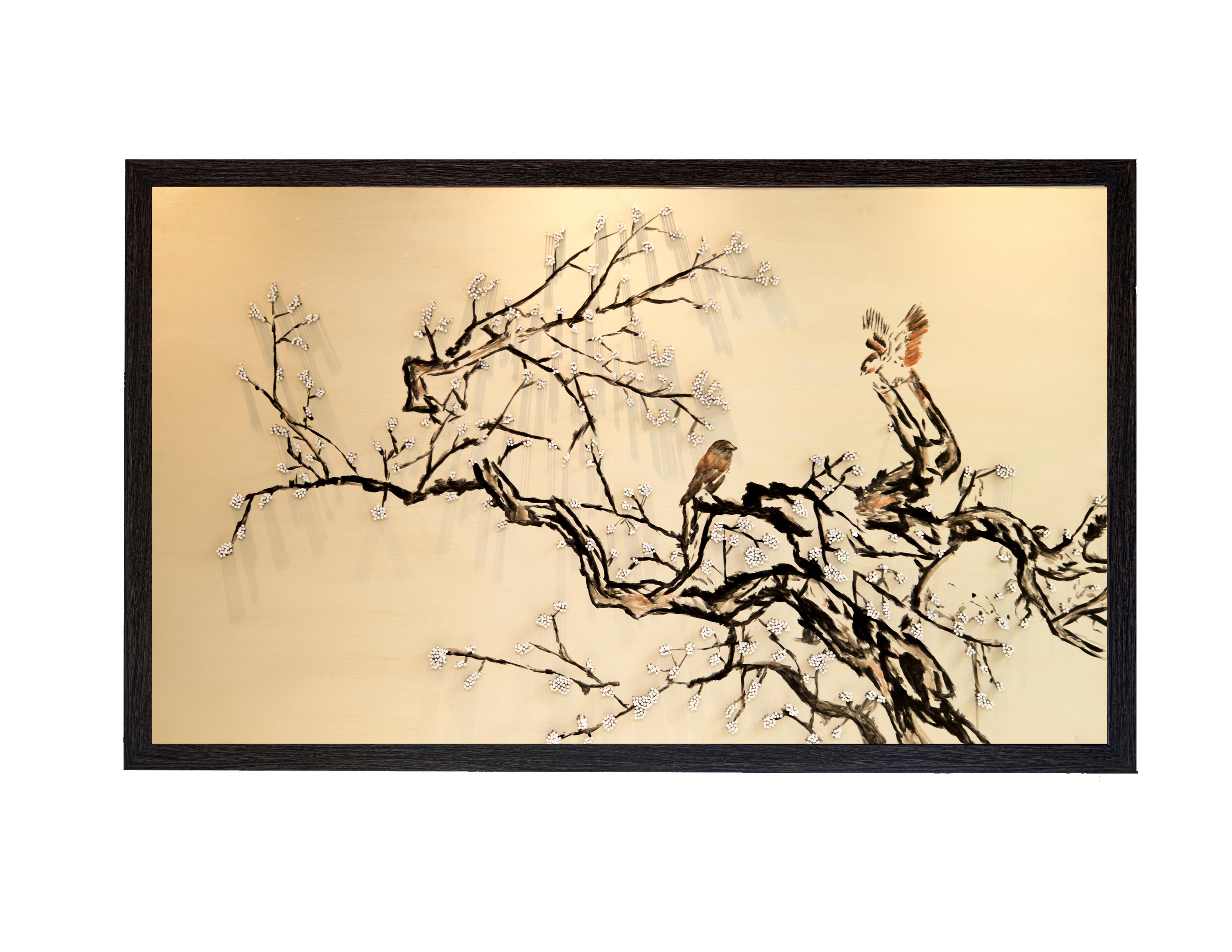 Arozarena De La Fuente Landscape Painting - Beautiful Tree Painting With Birds Ideal For Neutral Spaces