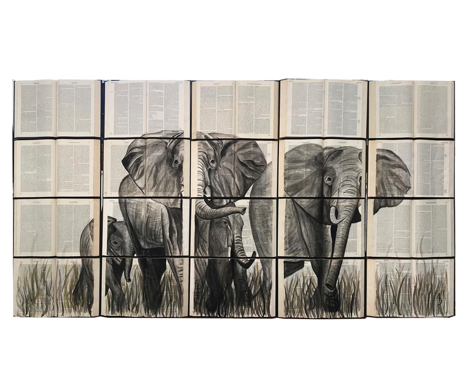 Magnifique peinture à l'aquarelle sur livres recyclés, amoureux d'éléphants