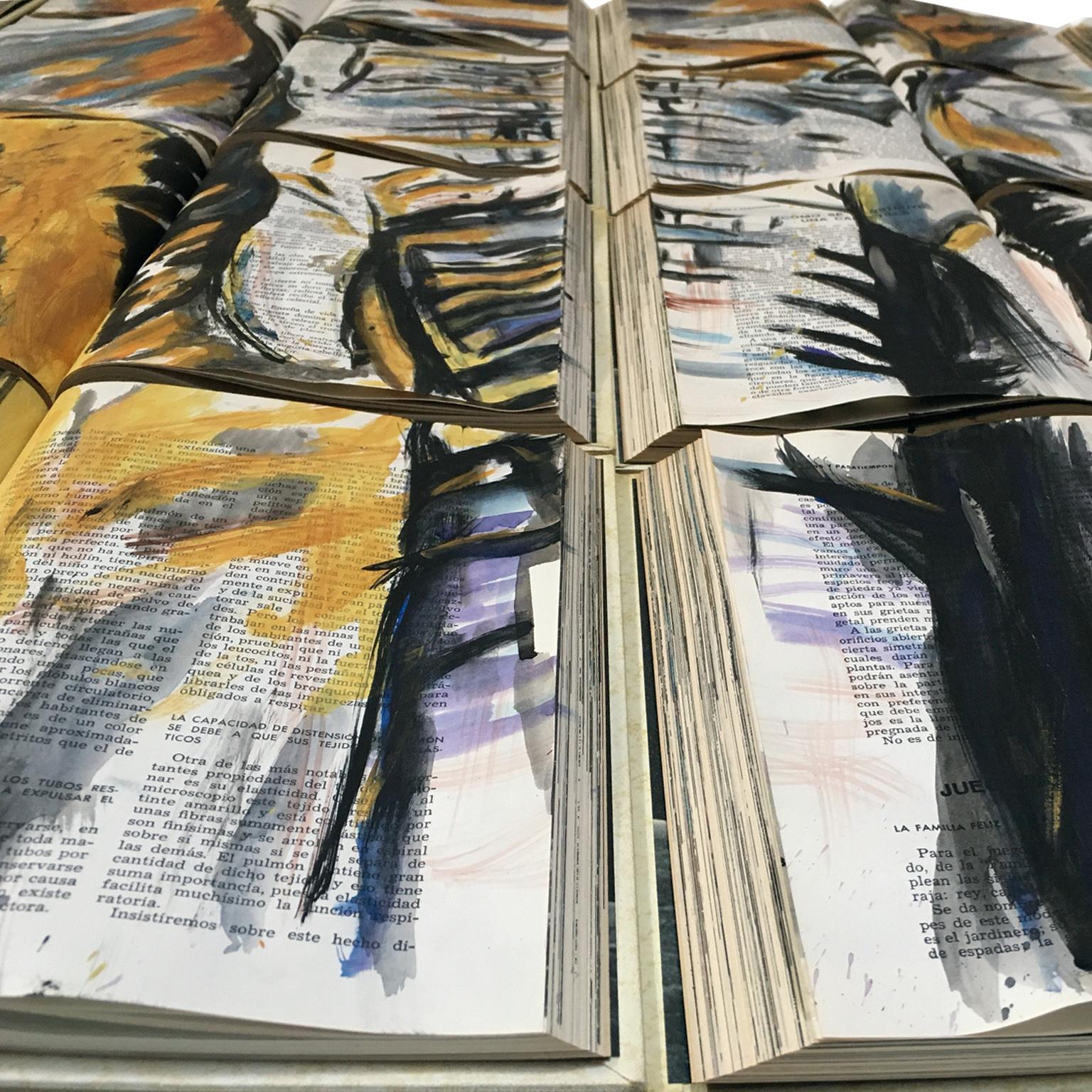 Esta pieza es totalmente nueva. Se pintó durante la primera semana de enero de 2019. Los colores utilizados dan un delicado toque de luz al cuadro. Se realizó con técnicas de acuarela, carboncillo y acrílico. Los libros abandonados encontrados se