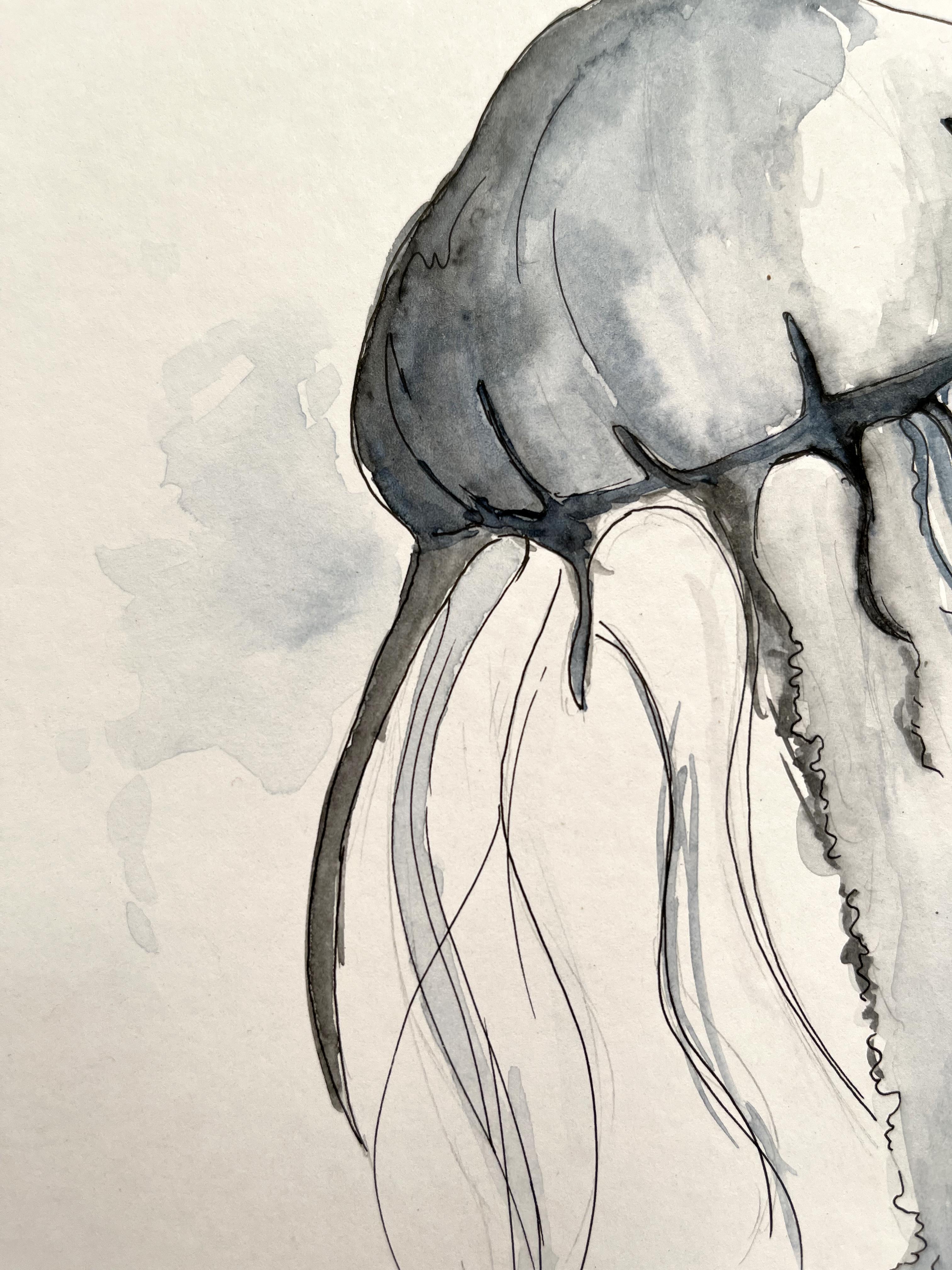 Fluorescent Jellyfish Dance. Elegant Watercolor Artwork ideal for Ocean Homes - Painting by Arozarena De La Fuente