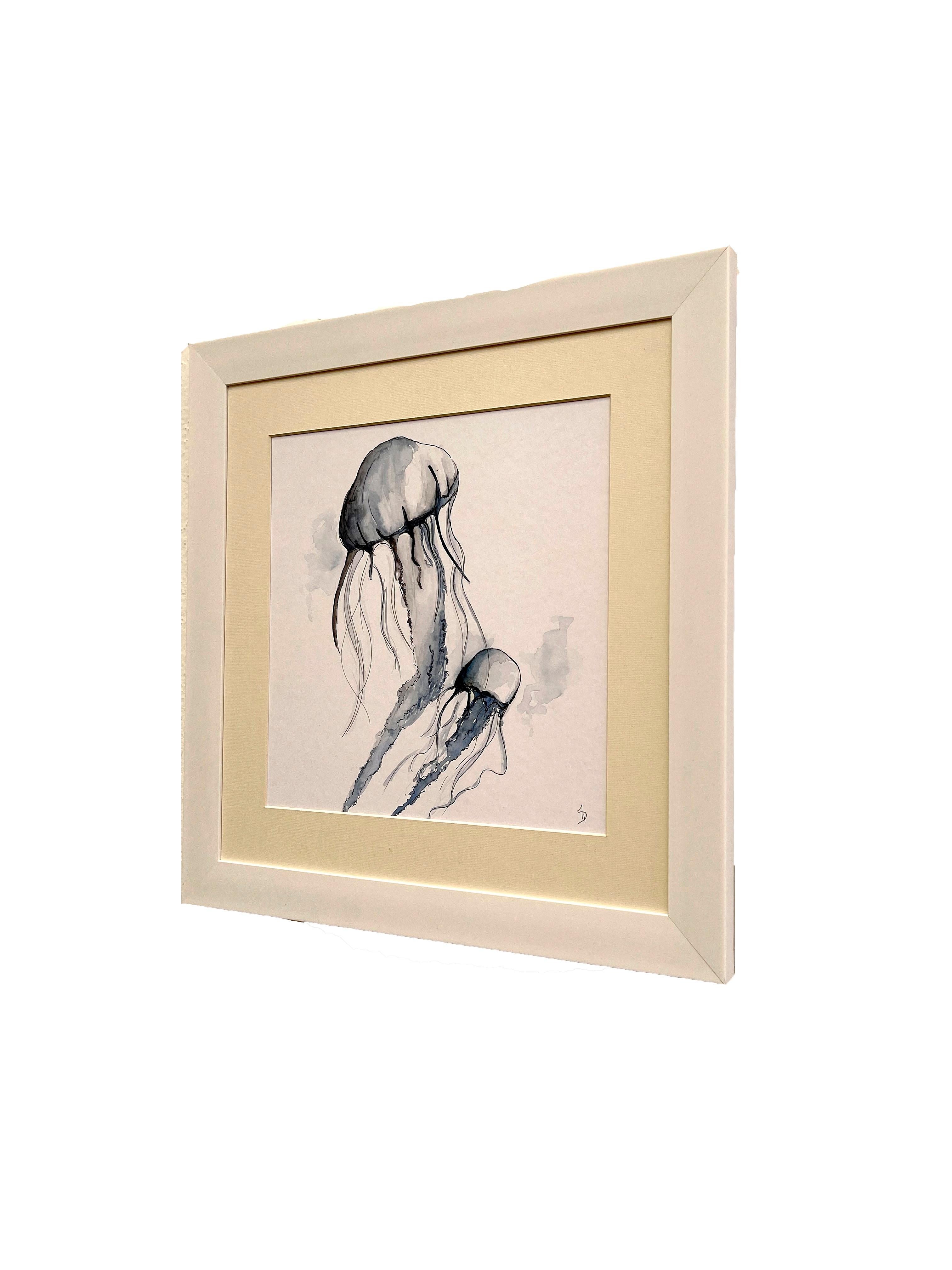 Fluorescent Jellyfish Dance. Elegant Watercolor Artwork ideal for Ocean Homes - Beige Animal Painting by Arozarena De La Fuente