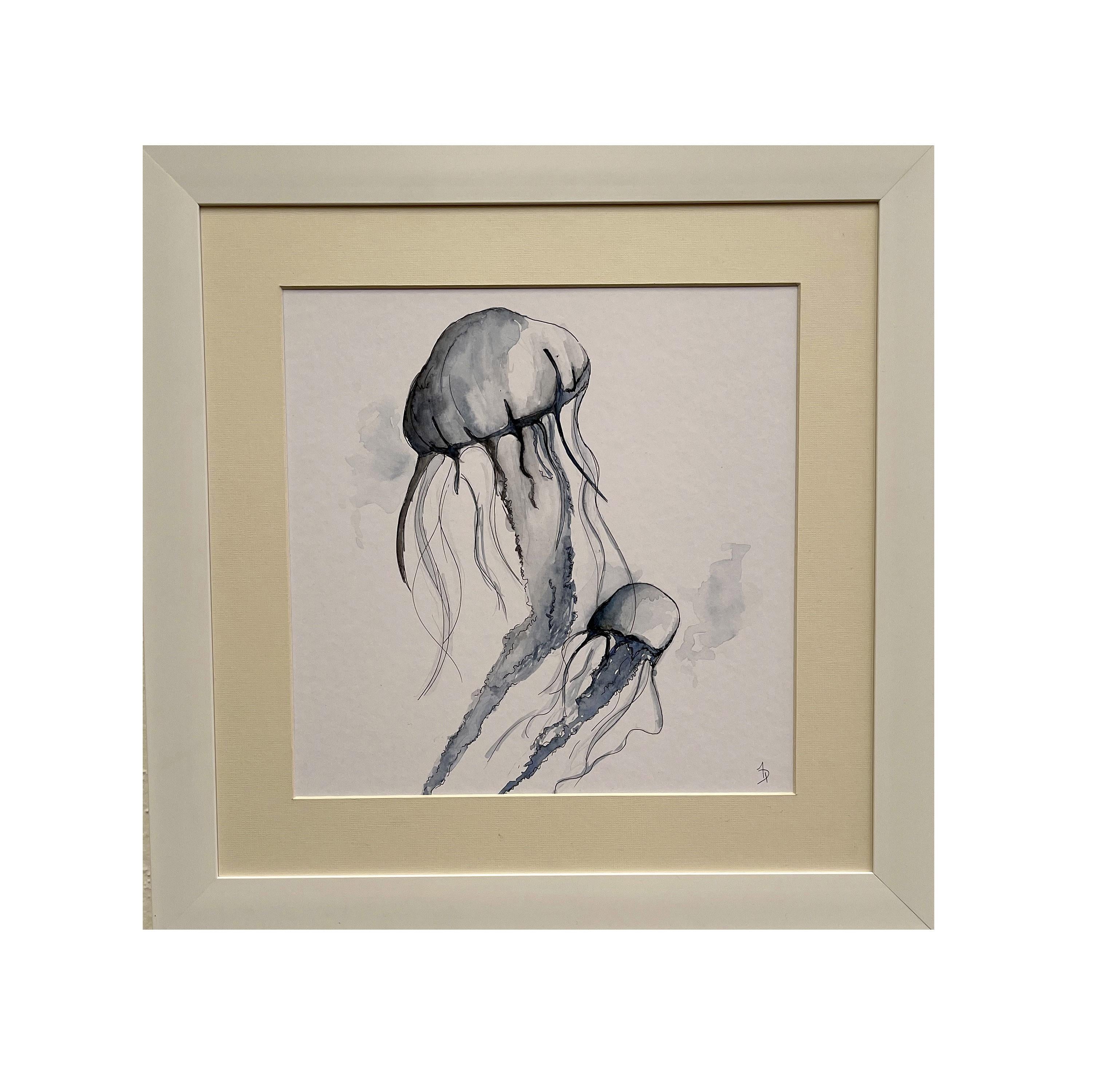 Arozarena De La Fuente Animal Painting - Fluorescent Jellyfish Dance. Elegant Watercolor Artwork ideal for Ocean Homes