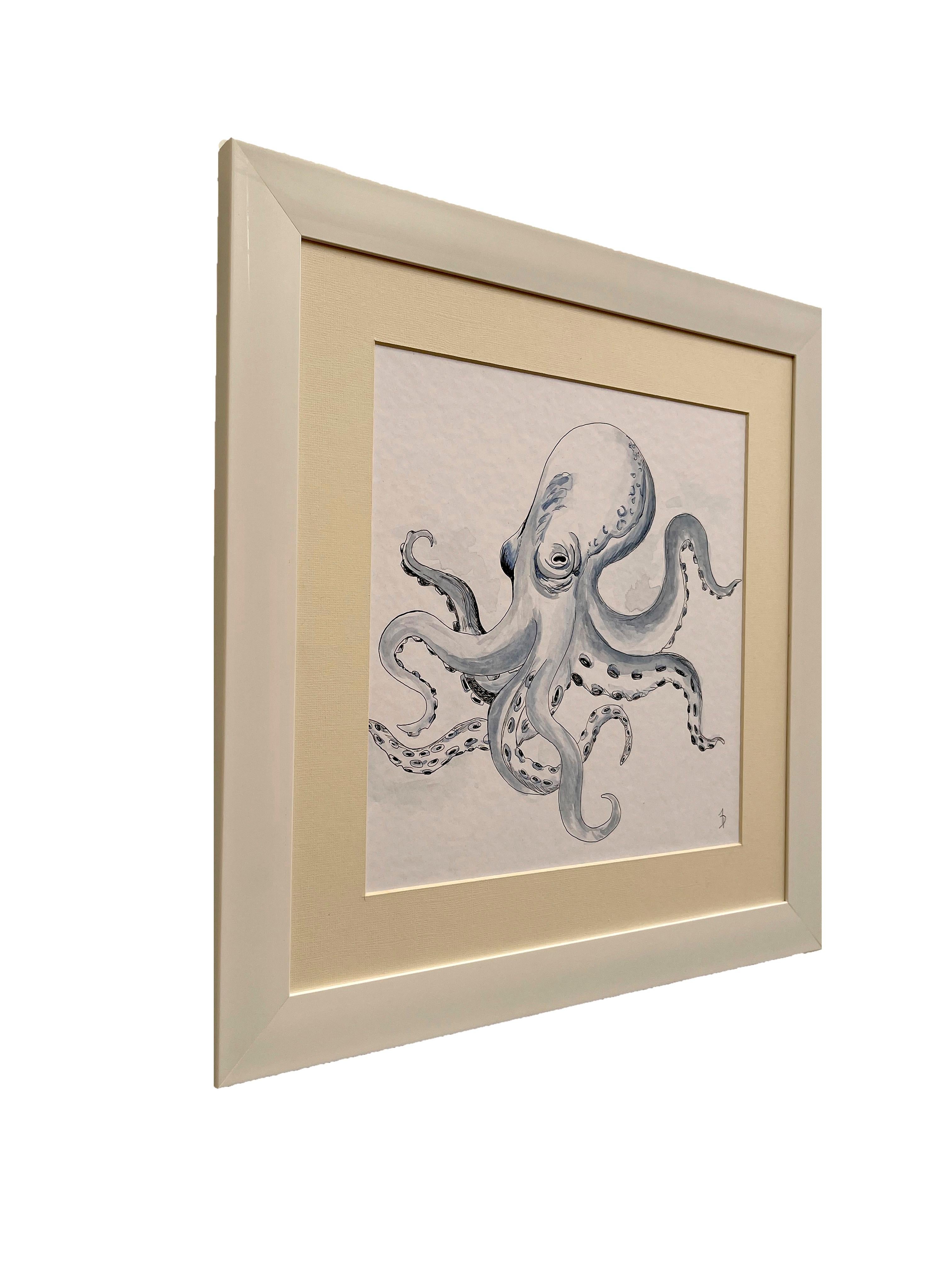 Großer kugelförmiger Pazifik-Otopus. Hervorragendes Aquarellgemälde  (Beige), Animal Painting, von Arozarena De La Fuente