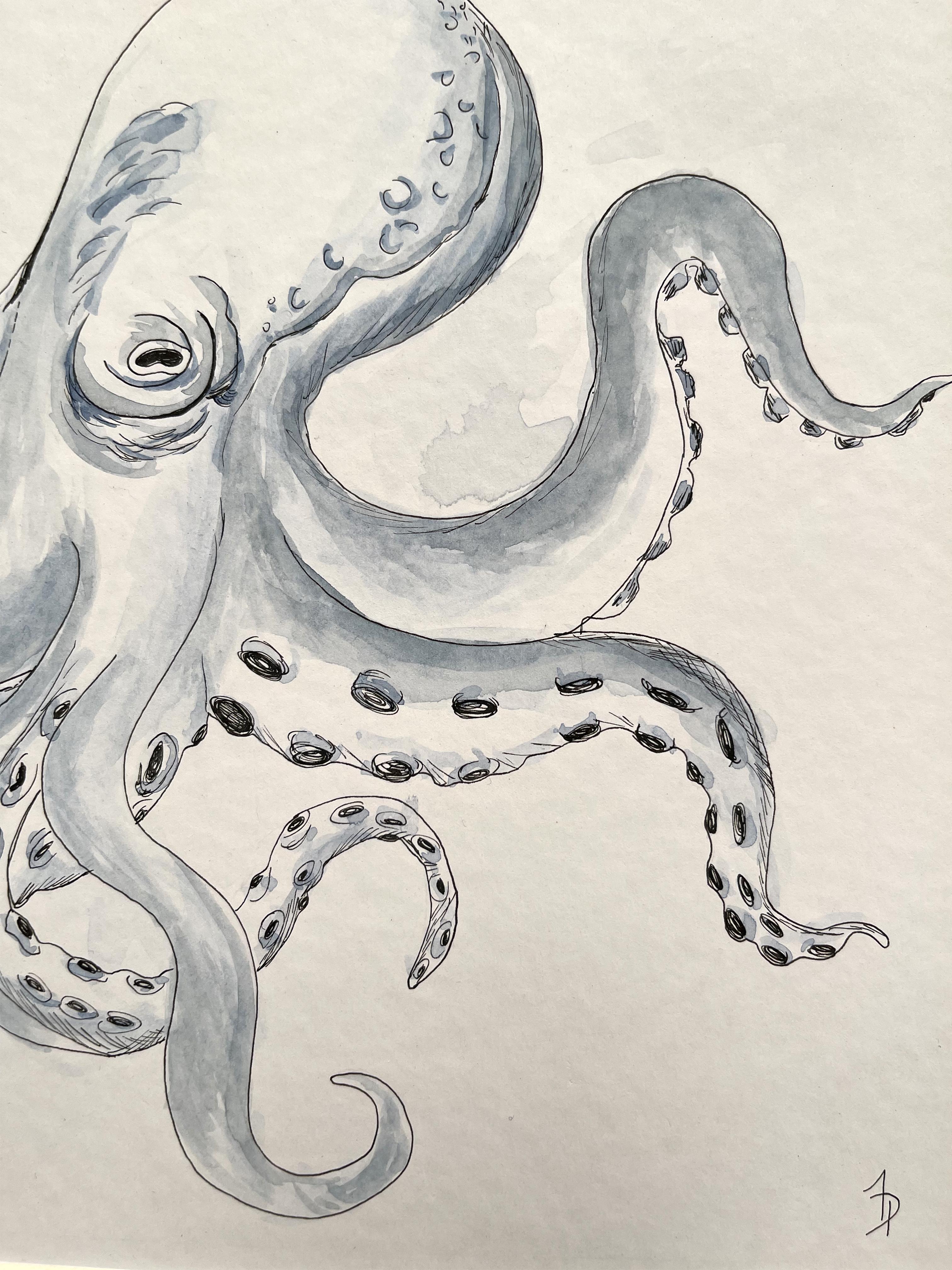 Großer kugelförmiger Pazifik-Otopus. Hervorragendes Aquarellgemälde  im Angebot 1