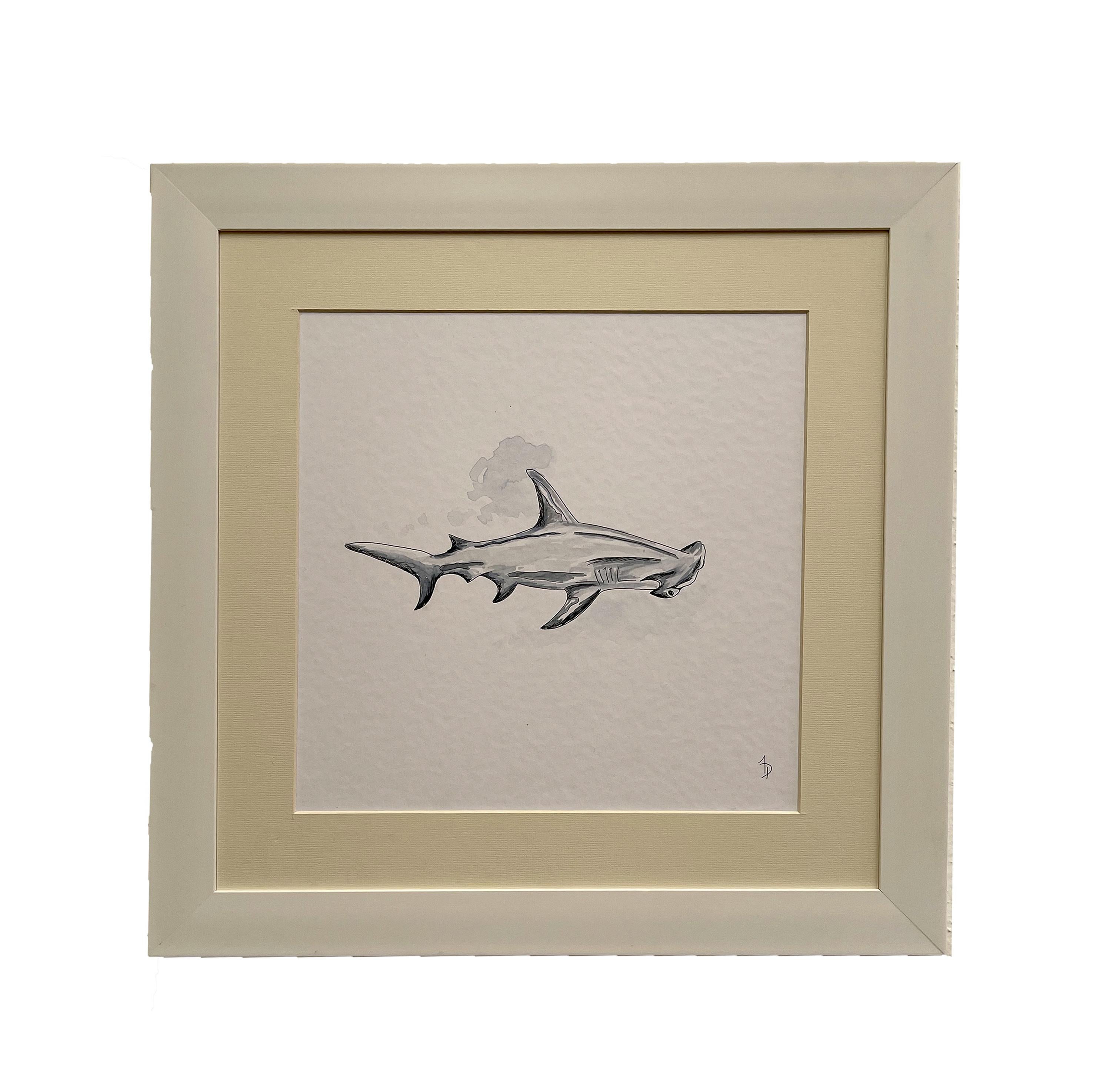 Arozarena De La Fuente Animal Painting - Hammerhead Shark Season Routes. Elegant Framed Art Work Ideal for Beach Homes