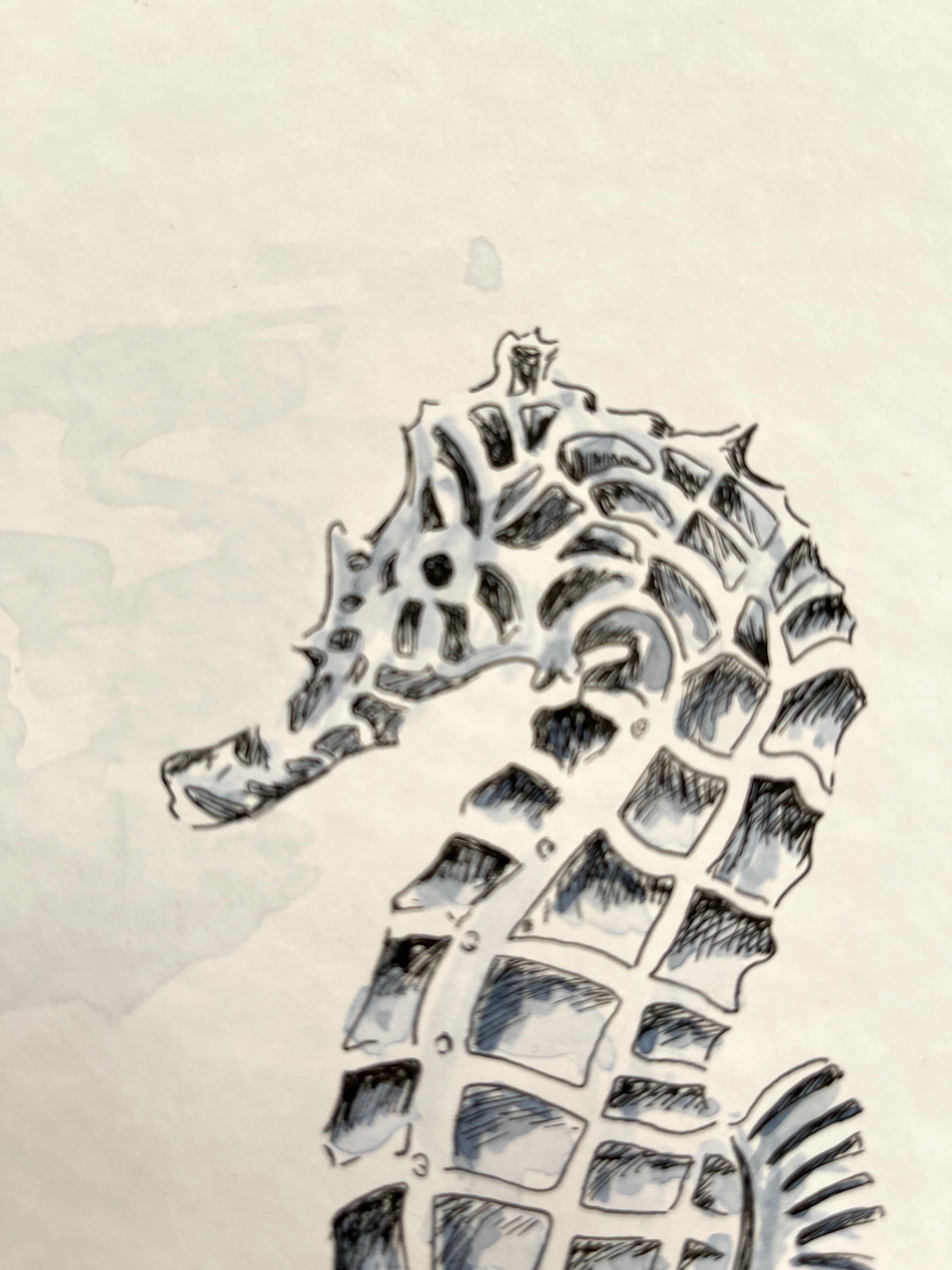 Hippocampus. Hervorragende Aquarell Seepferdchen Malerei (Braun), Animal Painting, von Arozarena De La Fuente