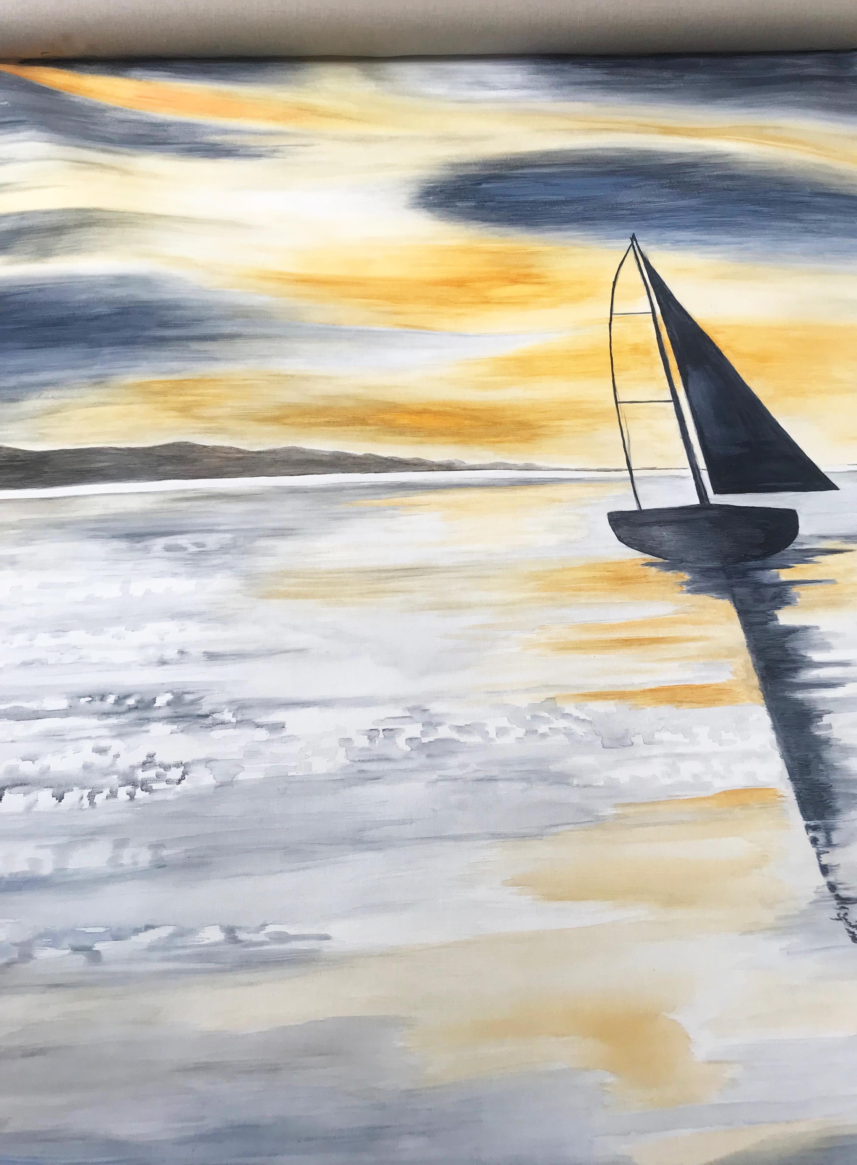 Lovely Sail Boat Water Color Hanging Canvass - Contemporary Painting by Arozarena De La Fuente