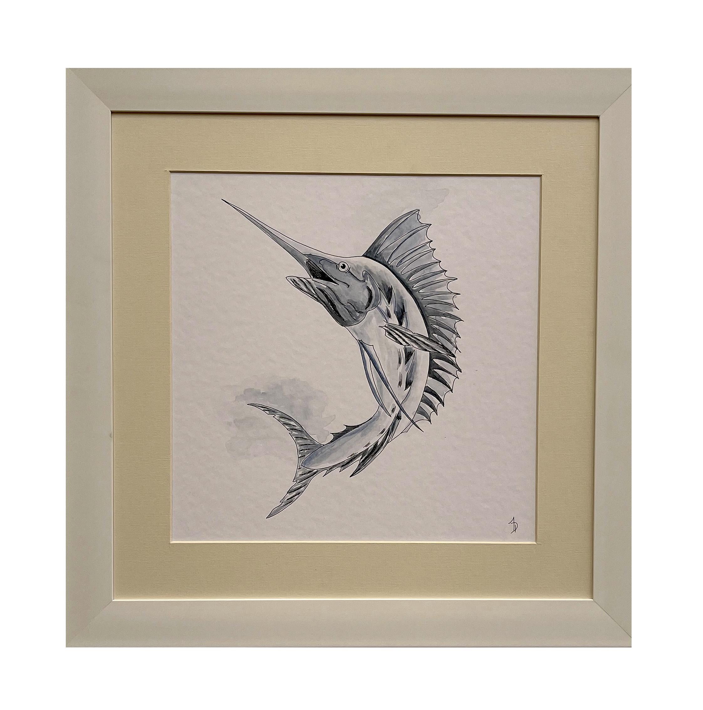 Arozarena De La Fuente Animal Painting - Magestic Swordfish. Elegant Blue and Grey Painting Ideal for Beach Homes