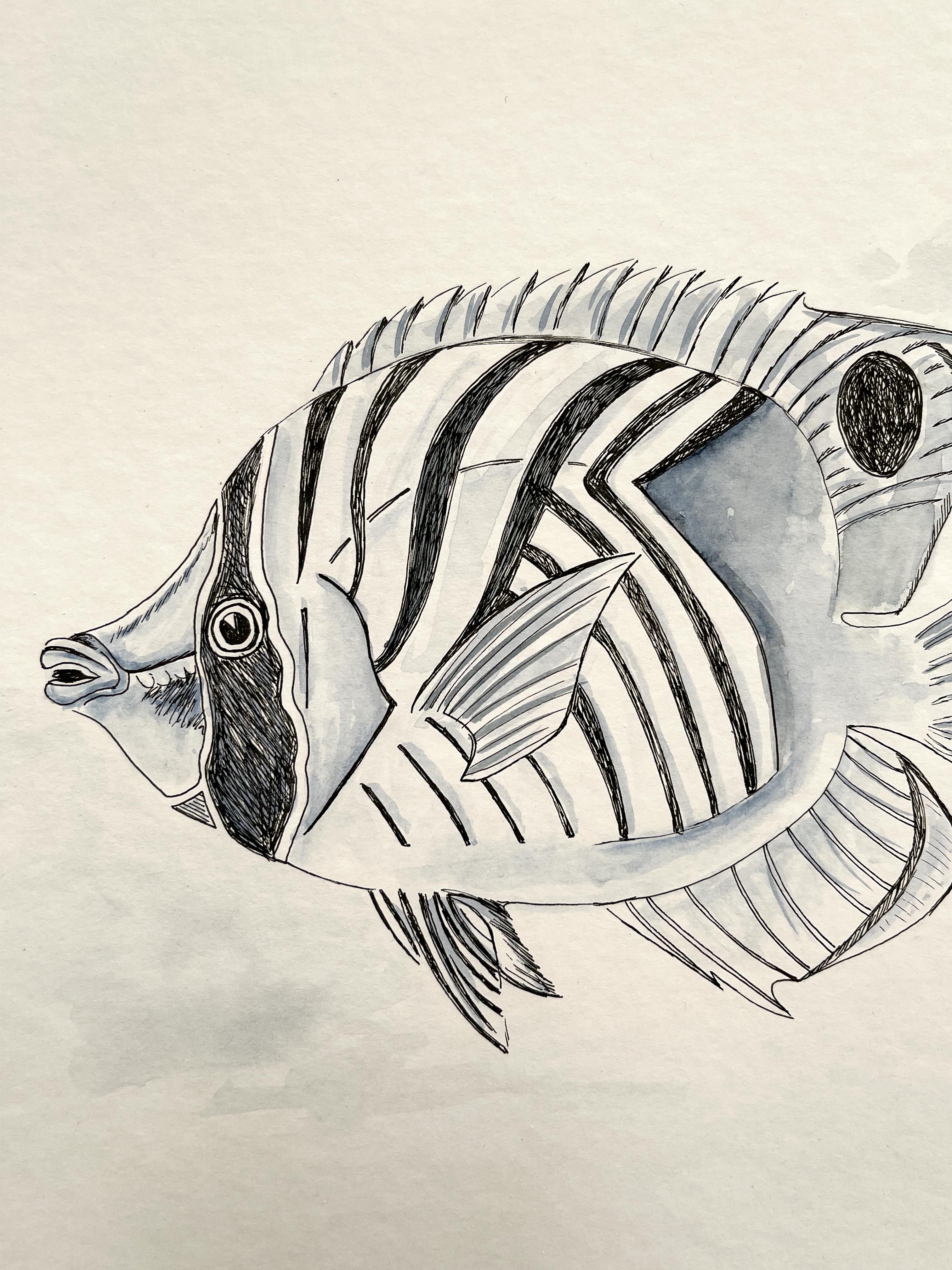 Aquarelles bleues Ray-finned. Magnifique peinture à l'aquarelle de poissons détaillées en vente 1