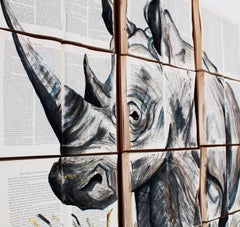 Rhinoceros Water Color Painting on Unique Book Canvass. New Life for Books