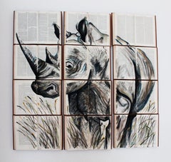 Rhinoceros, peinture à l'aquarelle sur toile de livre unique. Nouvelle vie pour les livres