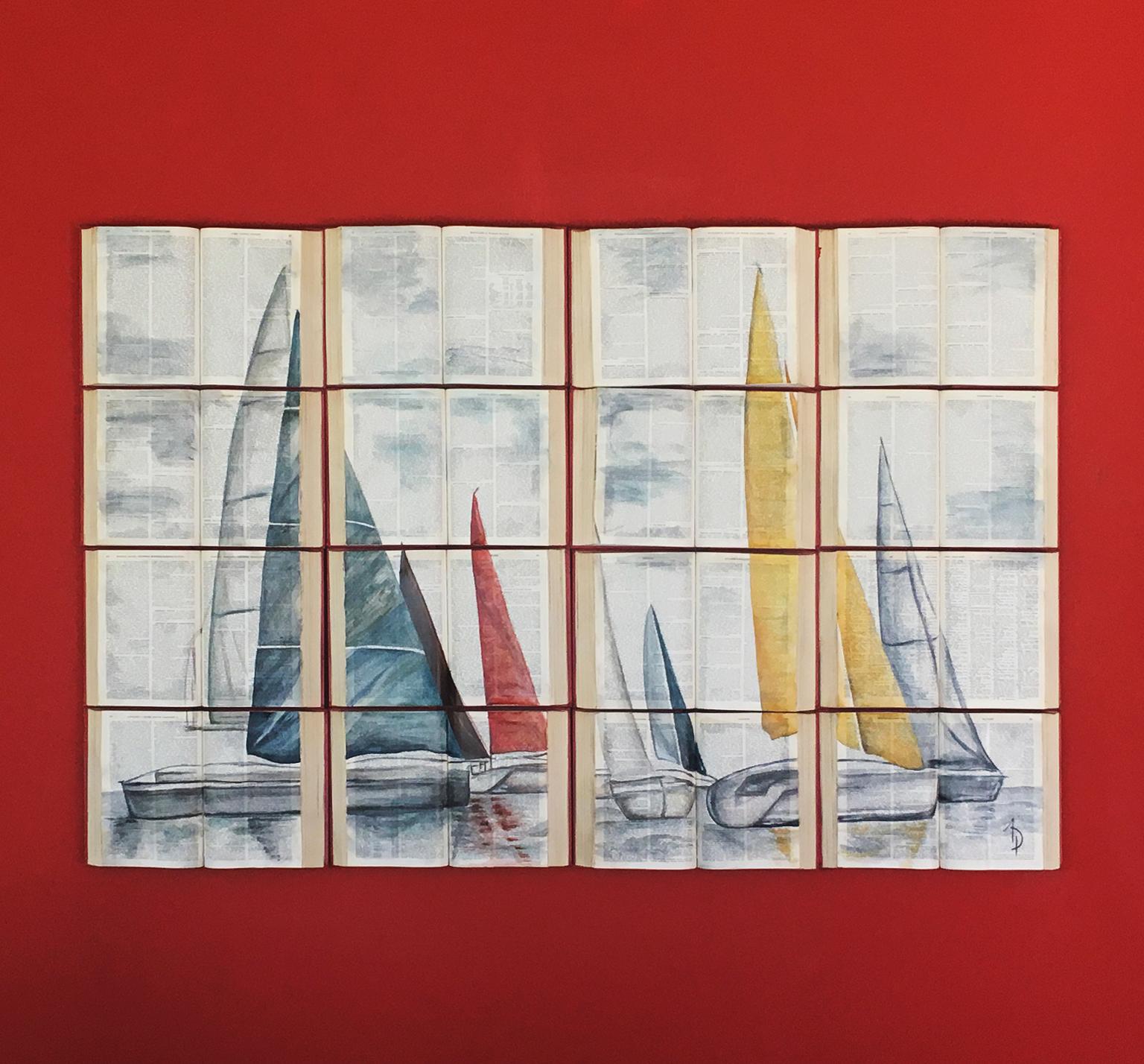 "Sail Boats in Perfect Wind" Unique Water Color Painting on Book Canvass - Art by Arozarena De La Fuente