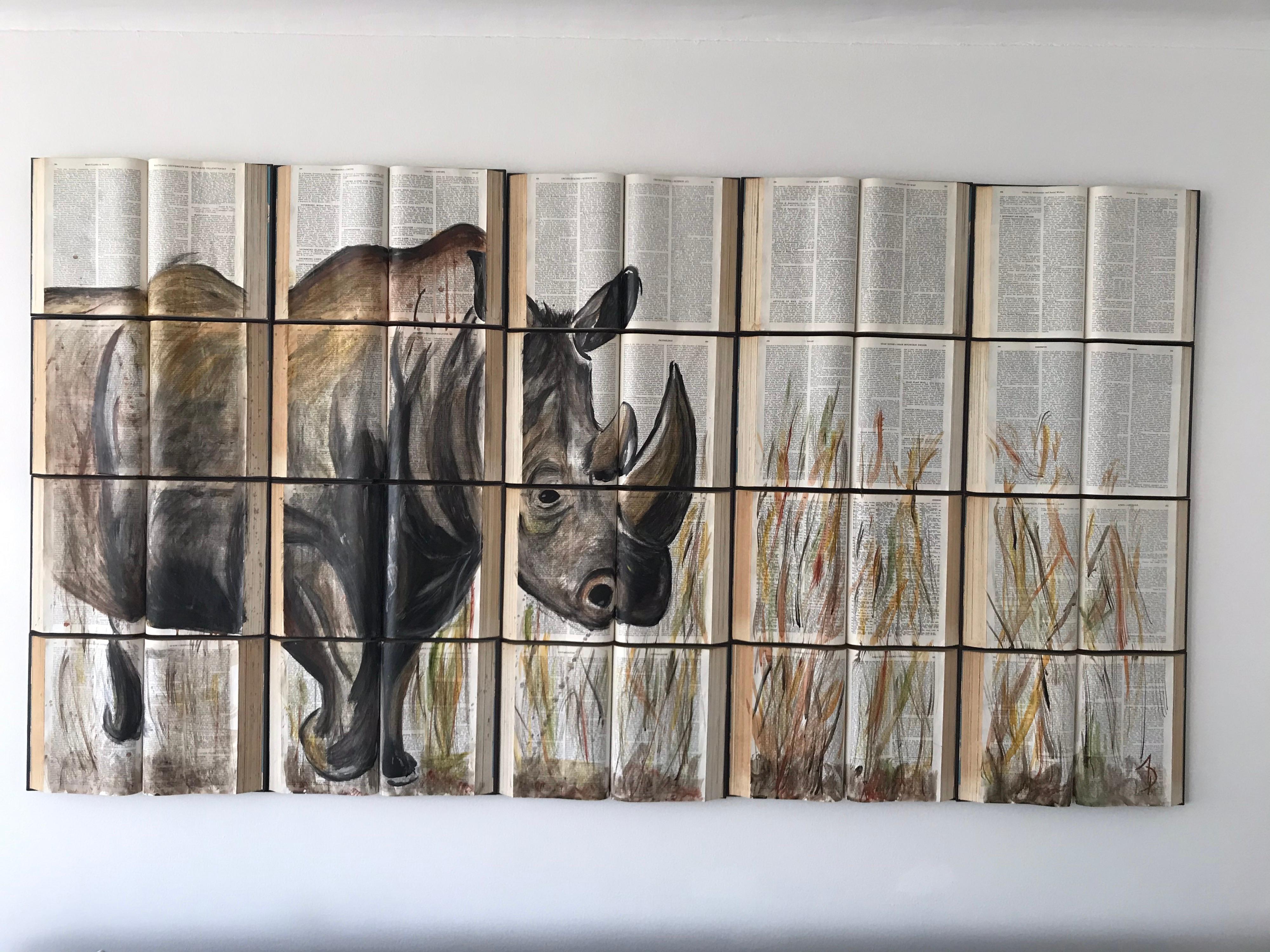 Steppe. Outstanding warm water color rhinoceros  painting   - Painting by Arozarena De La Fuente
