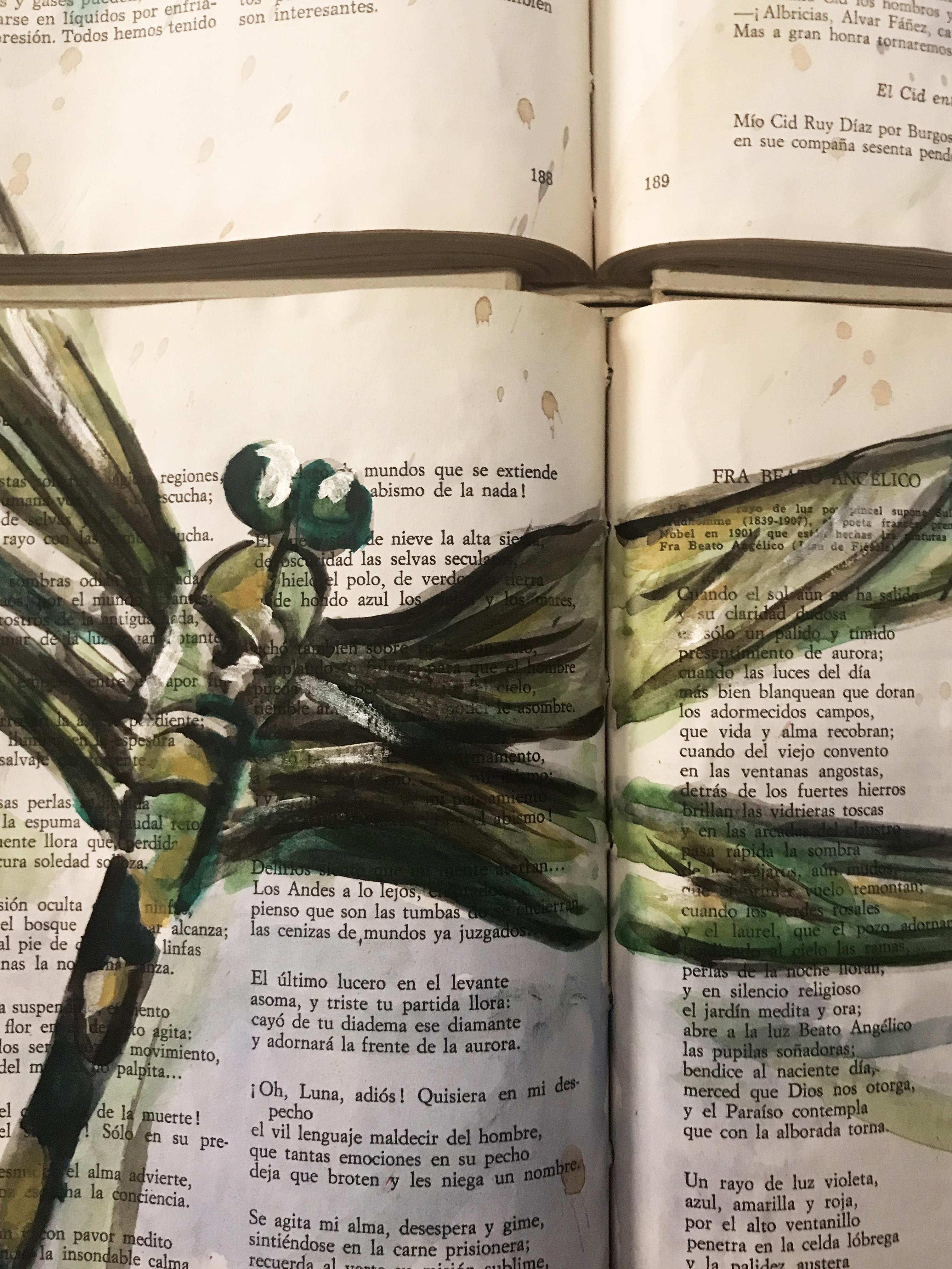 The Dragonfly Night Cycle. Beautiful painting done on unique book canvass - Contemporary Painting by Arozarena De La Fuente