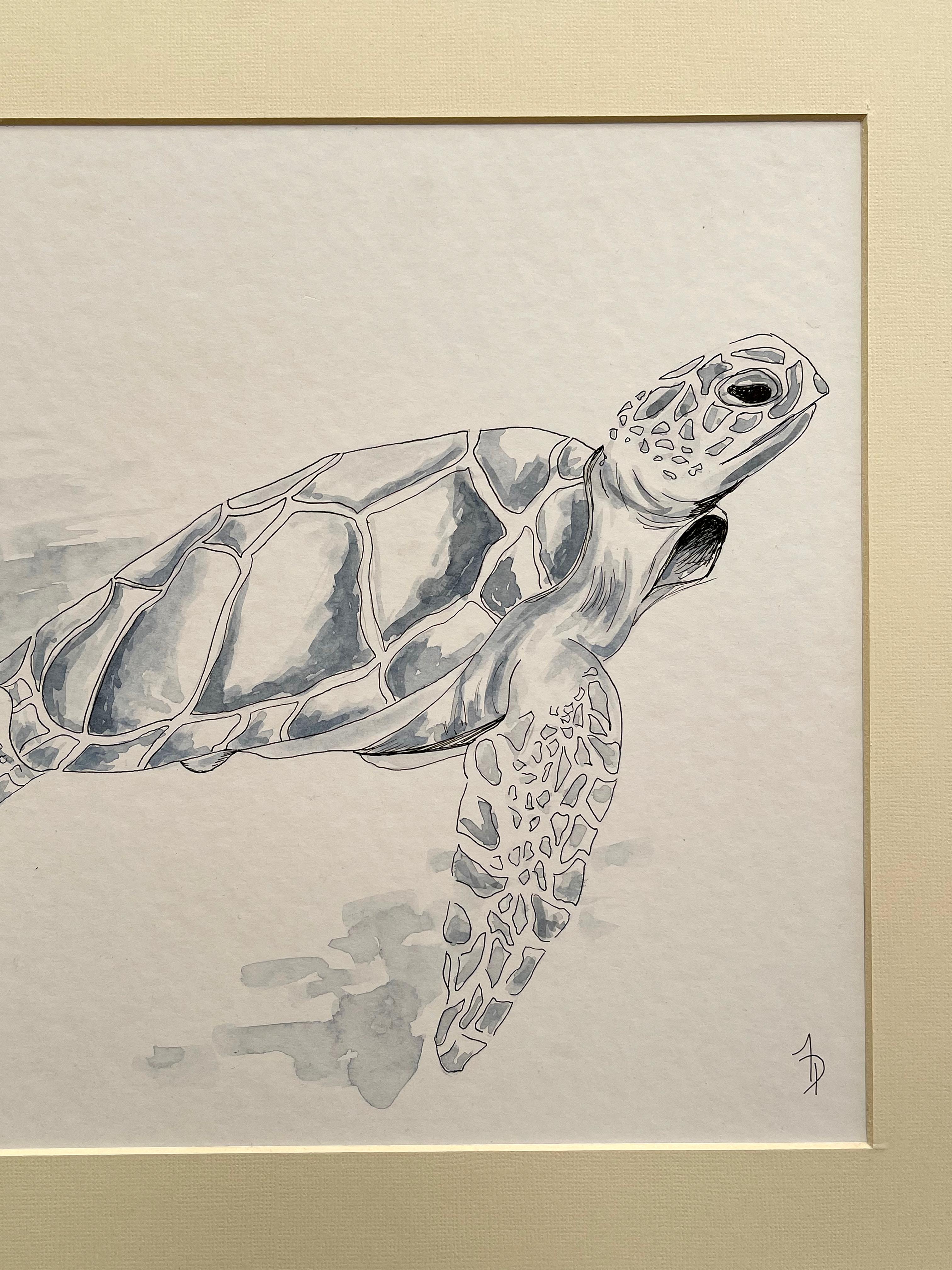 Schildkröten-Begegnung. Ozeanisches Kunstwerk Strandfront – Painting von Arozarena De La Fuente