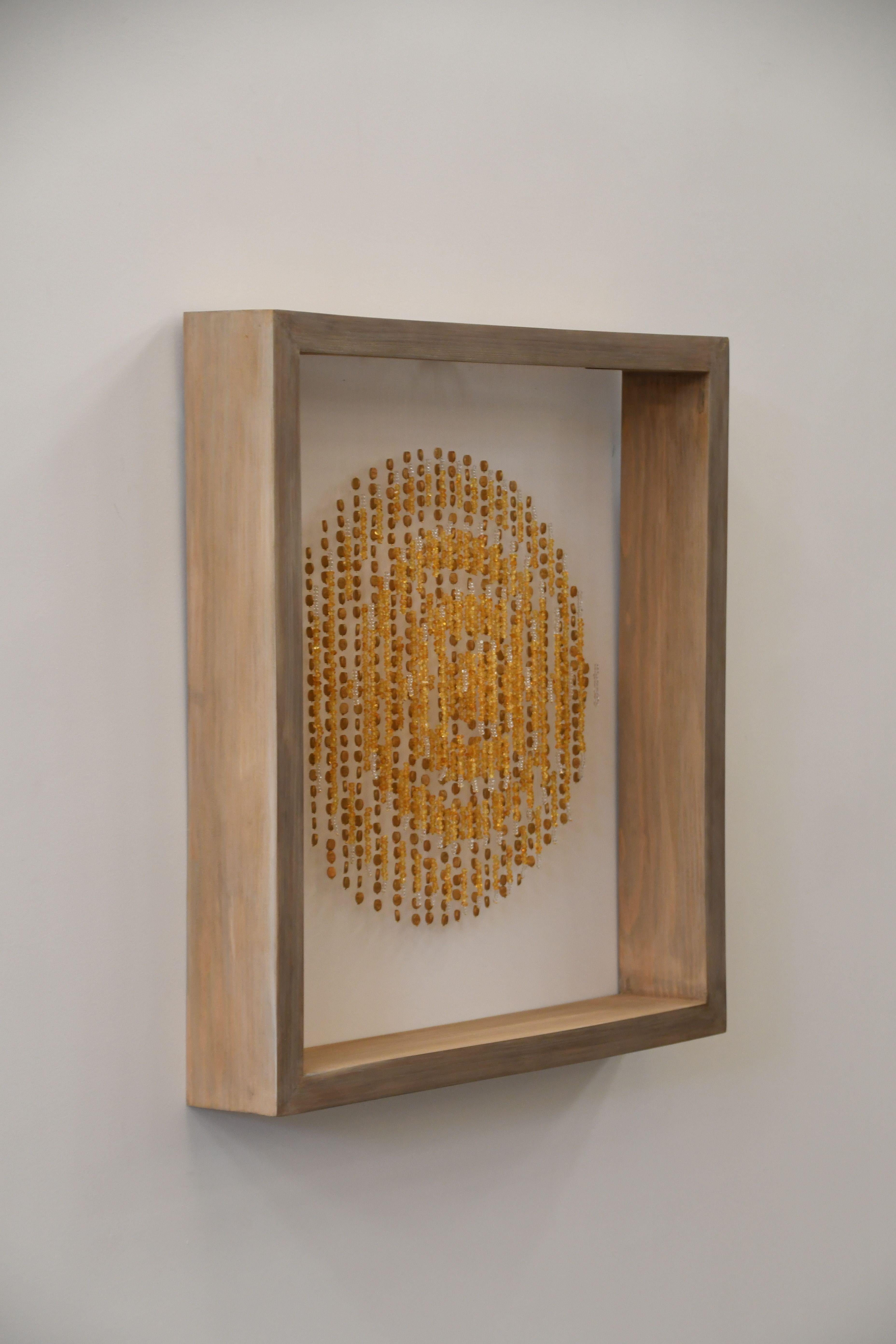 SEVEN SUNS. Golden Hanging and Framed Wall Art Sculpture  - Painting by Arozarena De La Fuente