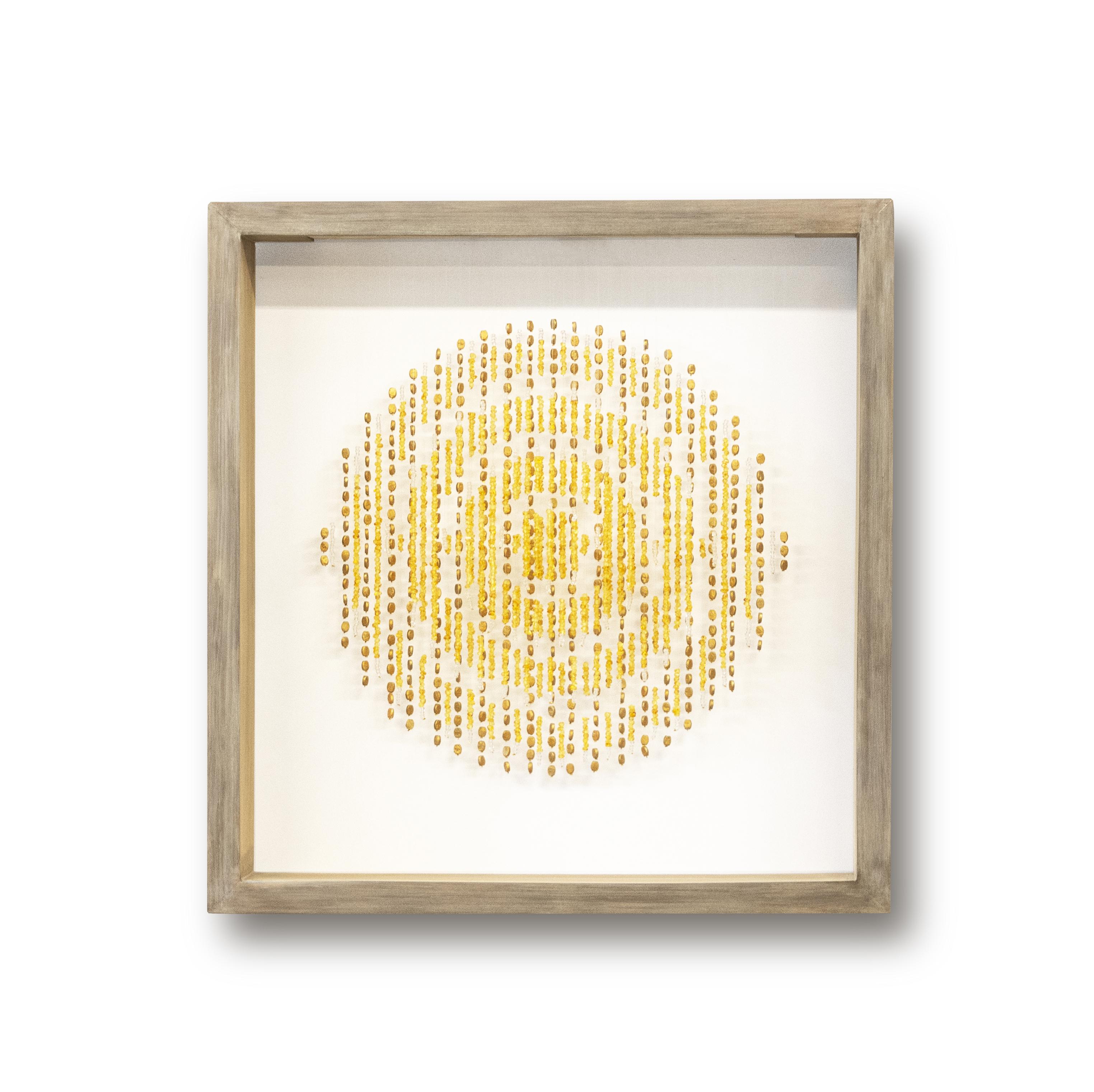 Arozarena De La Fuente Abstract Painting - SEVEN SUNS. Golden Hanging and Framed Wall Art Sculpture 