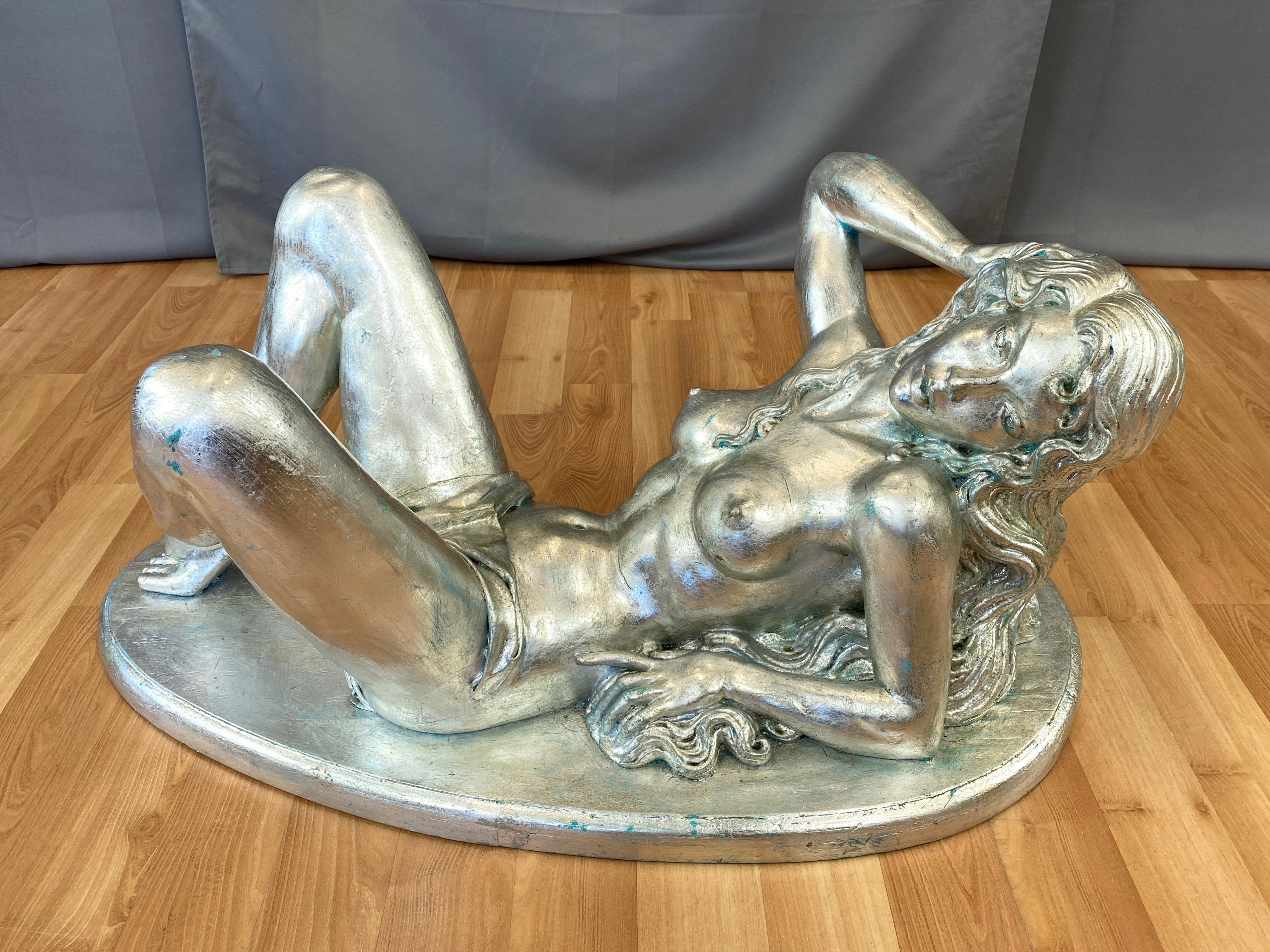 Hollywood Regency ARP Silver-Leafed Nude Female Figural Coffee Table, 1960s