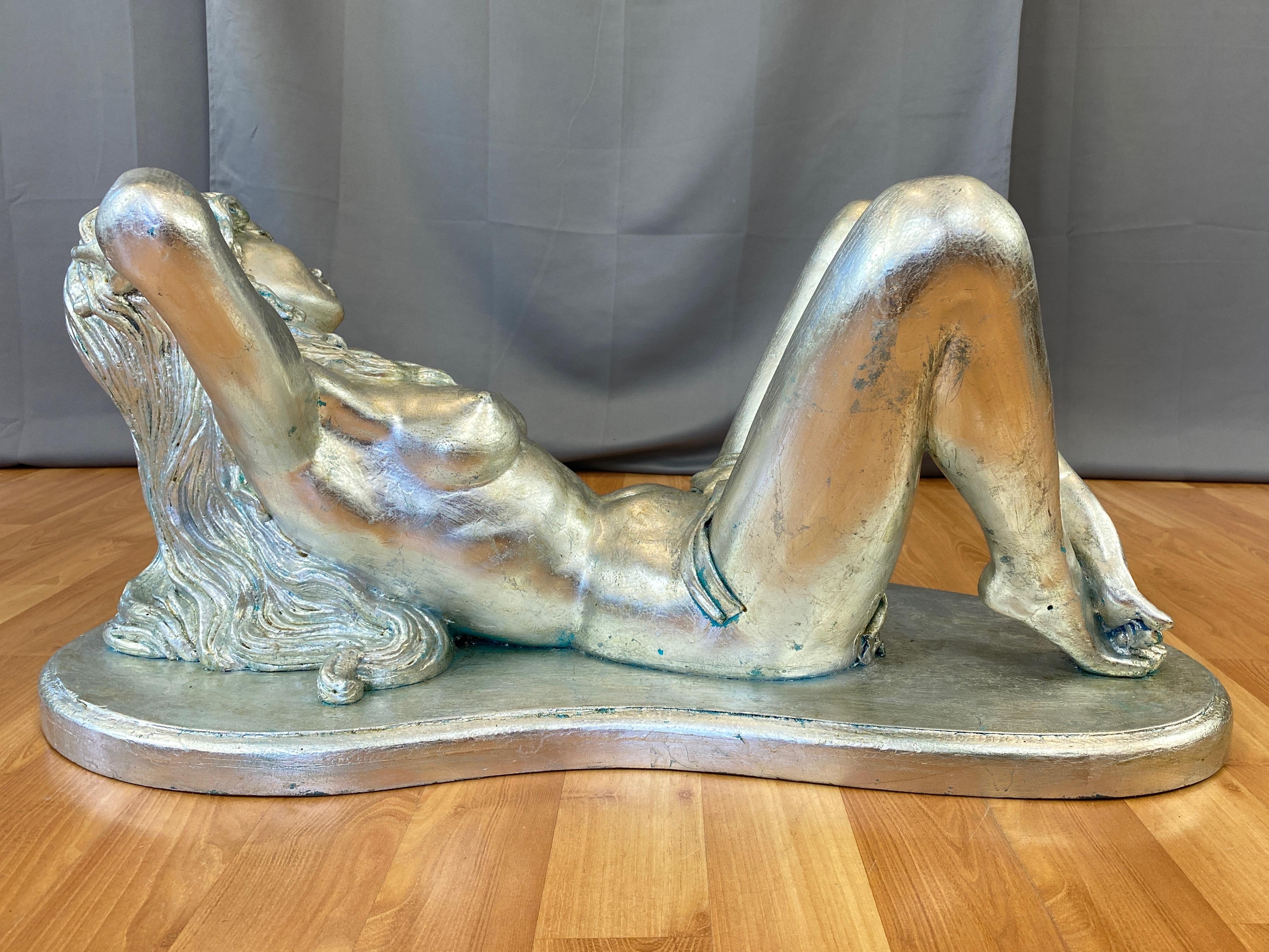 Glass ARP Silver-Leafed Nude Female Figural Coffee Table, 1960s