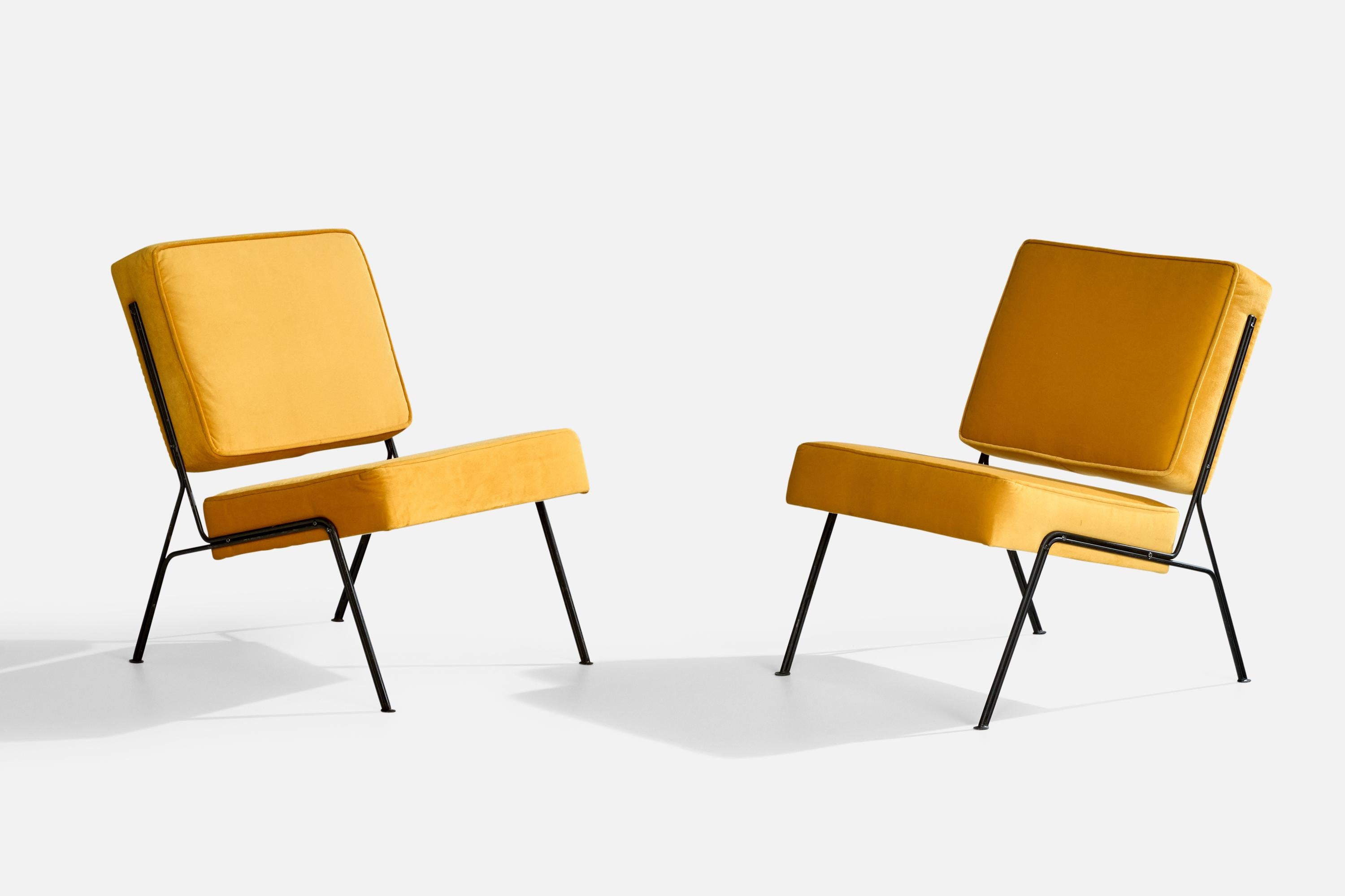 A pair of black-enameled iron and yellow velvet slipper lounge chairs designed by A.R.P and produced by Airborne, France, c. 1953.

A.R.P., Atelier De Recherches Plastique, was a collaborative design project between Pierre Guariche, Joseph- André