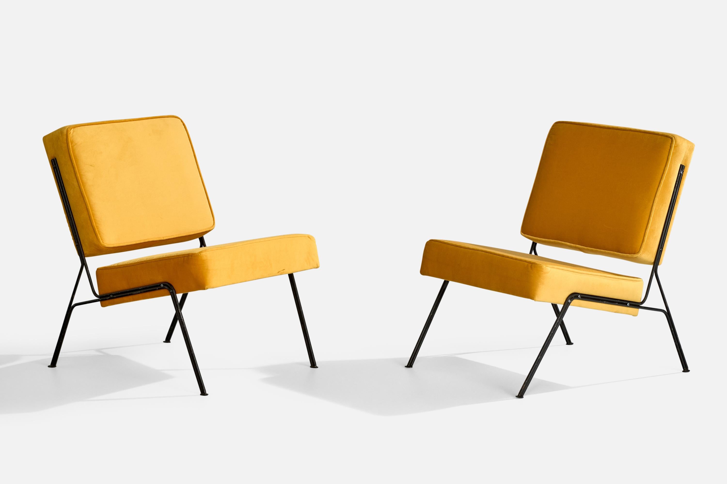 A pair of black-enameled iron and yellow velvet slipper lounge chairs designed by A.R.P and produced by Airborne, France, c. 1953.

A.R.P., Atelier De Recherches Plastique, was a collaborative design project between Pierre Guariche, Joseph- André