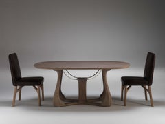Arpa Oval Beige Dining Table in Solid Oak Wood With Carved Base - Metal Inserts