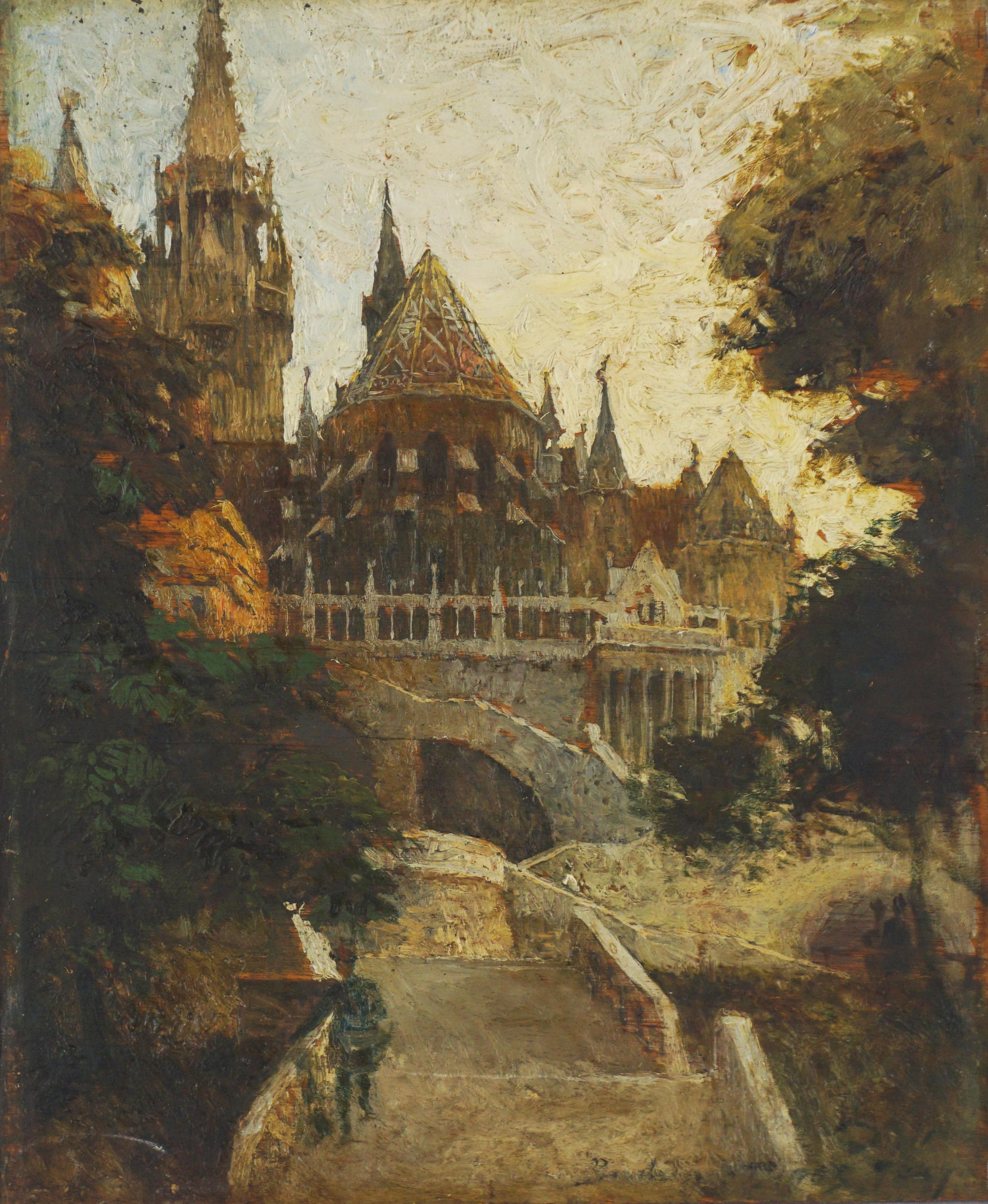 1905 Small Hungarian Landscape of Park and Church - Painting by Arpad Basch