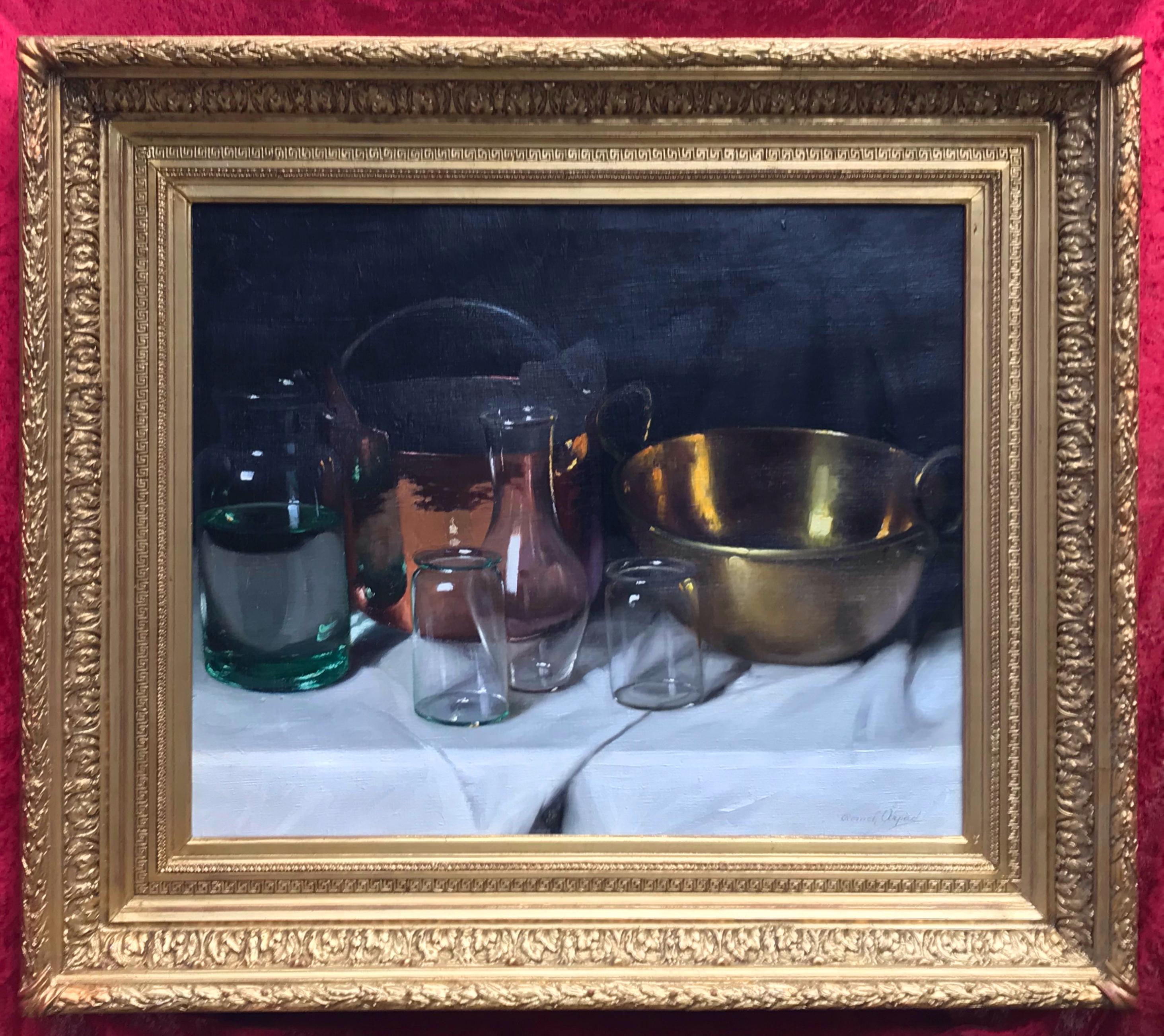 Romek Arpad Still-Life Painting - Still Life with Copper and Glasses
