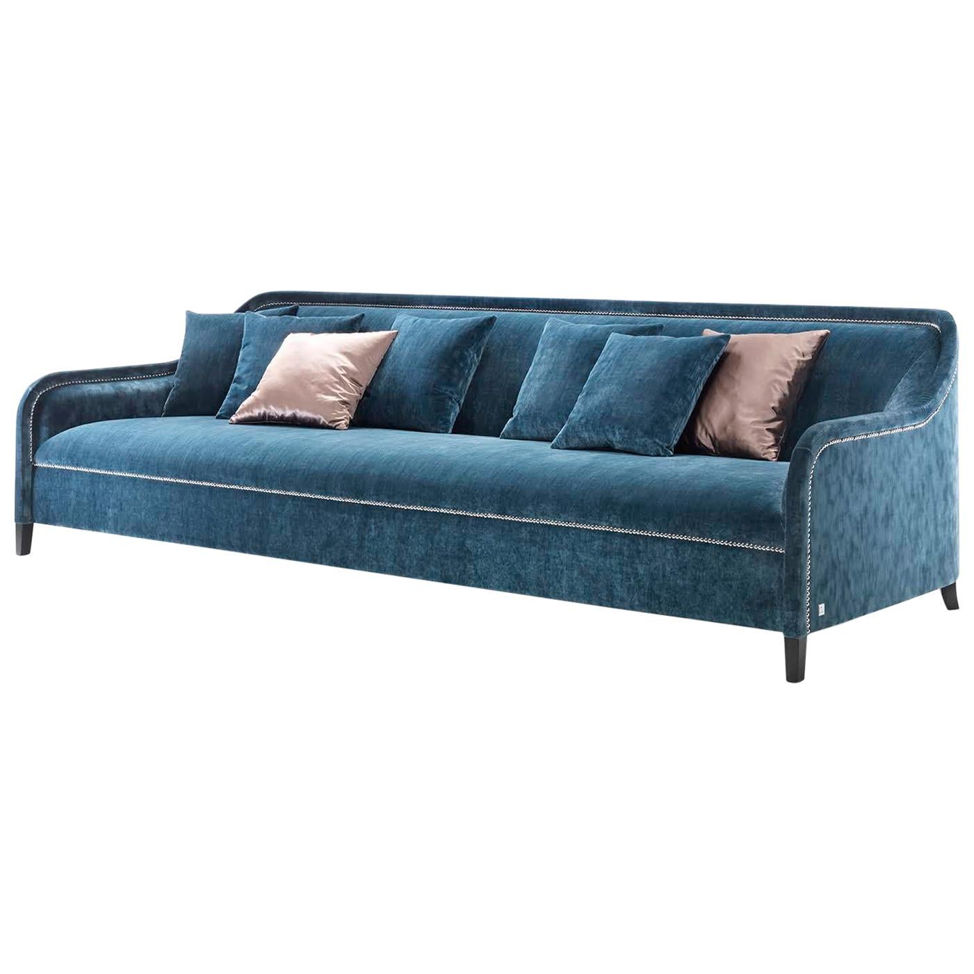 Arpege Eleve Sofa in Blue Velvet with Brass Details by Busnelli For Sale