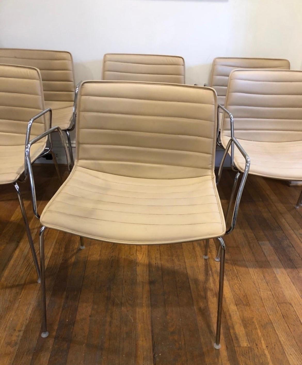 Arper Catifa 53 Chairs - Tan Leather with Steel Base and Arms - 10 Available For Sale 3