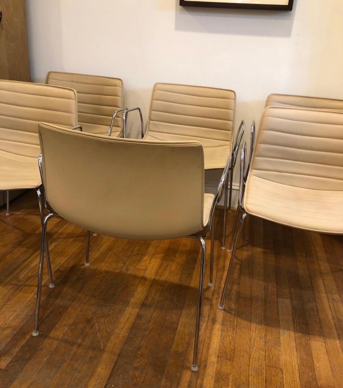 Modern Arper Catifa 53 Chairs - Tan Leather with Steel Base and Arms - 10 Available For Sale