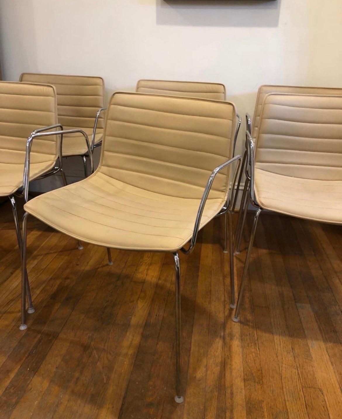 Italian Arper Catifa 53 Chairs - Tan Leather with Steel Base and Arms - 10 Available For Sale