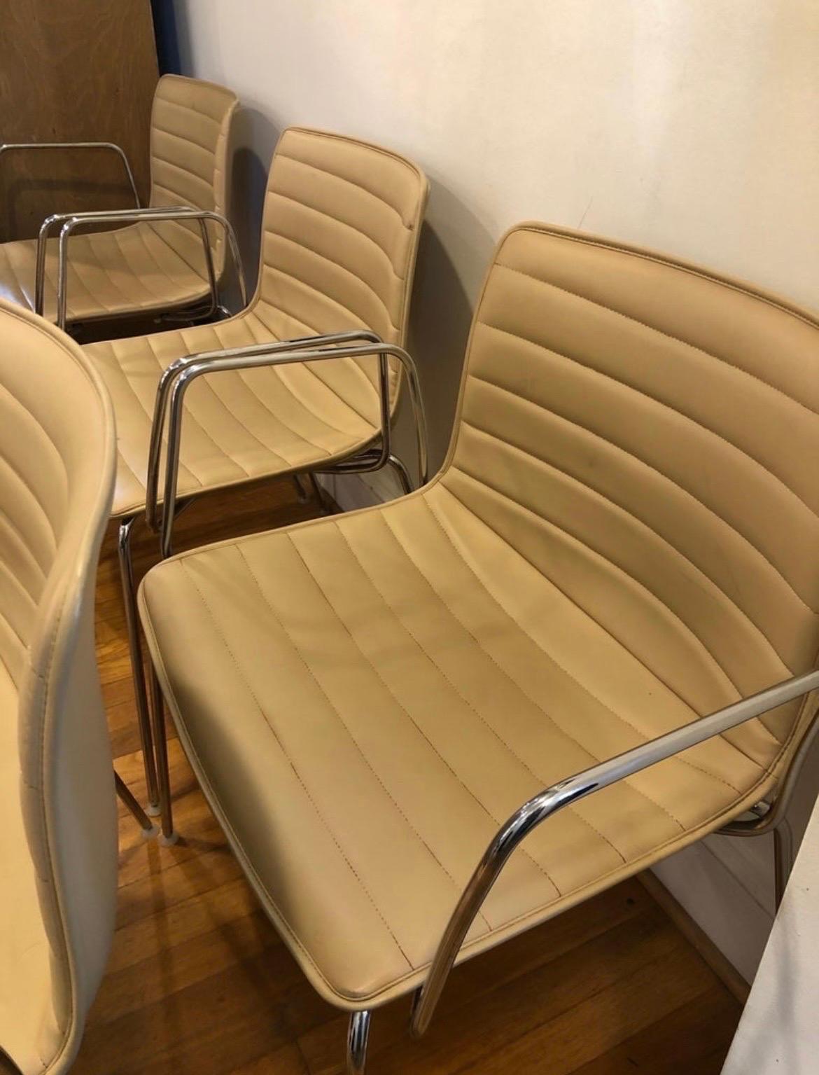 Arper Catifa 53 Chairs - Tan Leather with Steel Base and Arms - 10 Available In Good Condition For Sale In Los Angeles, CA
