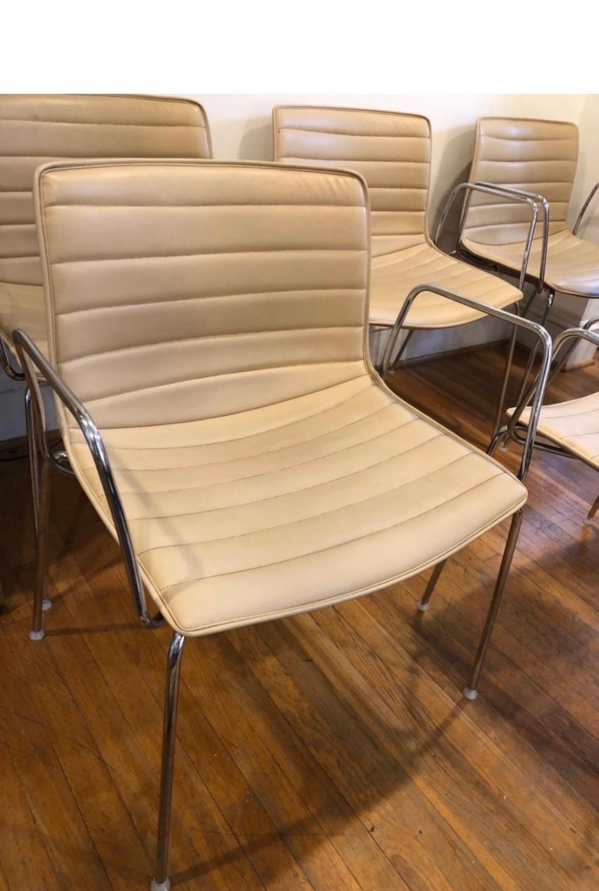 Contemporary Arper Catifa 53 Chairs - Tan Leather with Steel Base and Arms - 10 Available For Sale