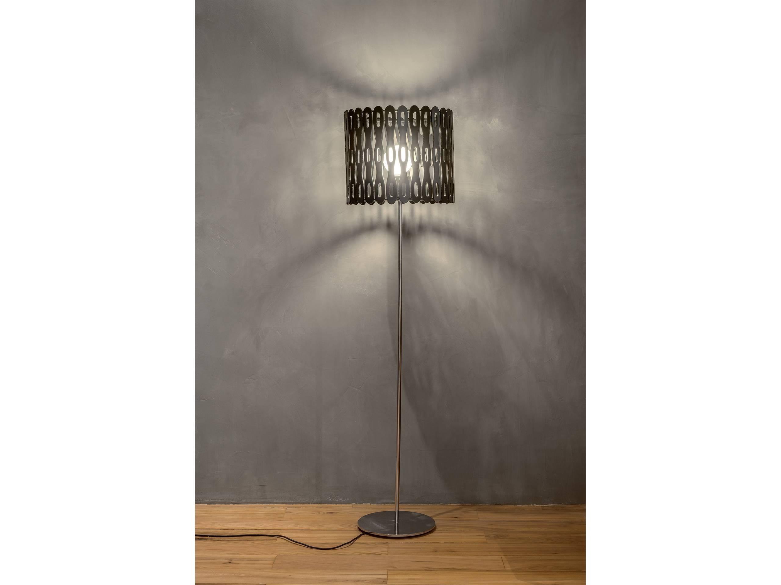 Stainless Steel Arpoador Brazilian Contemporary Graphic Pattern Cut Wood Floor Lamp by Lattoog