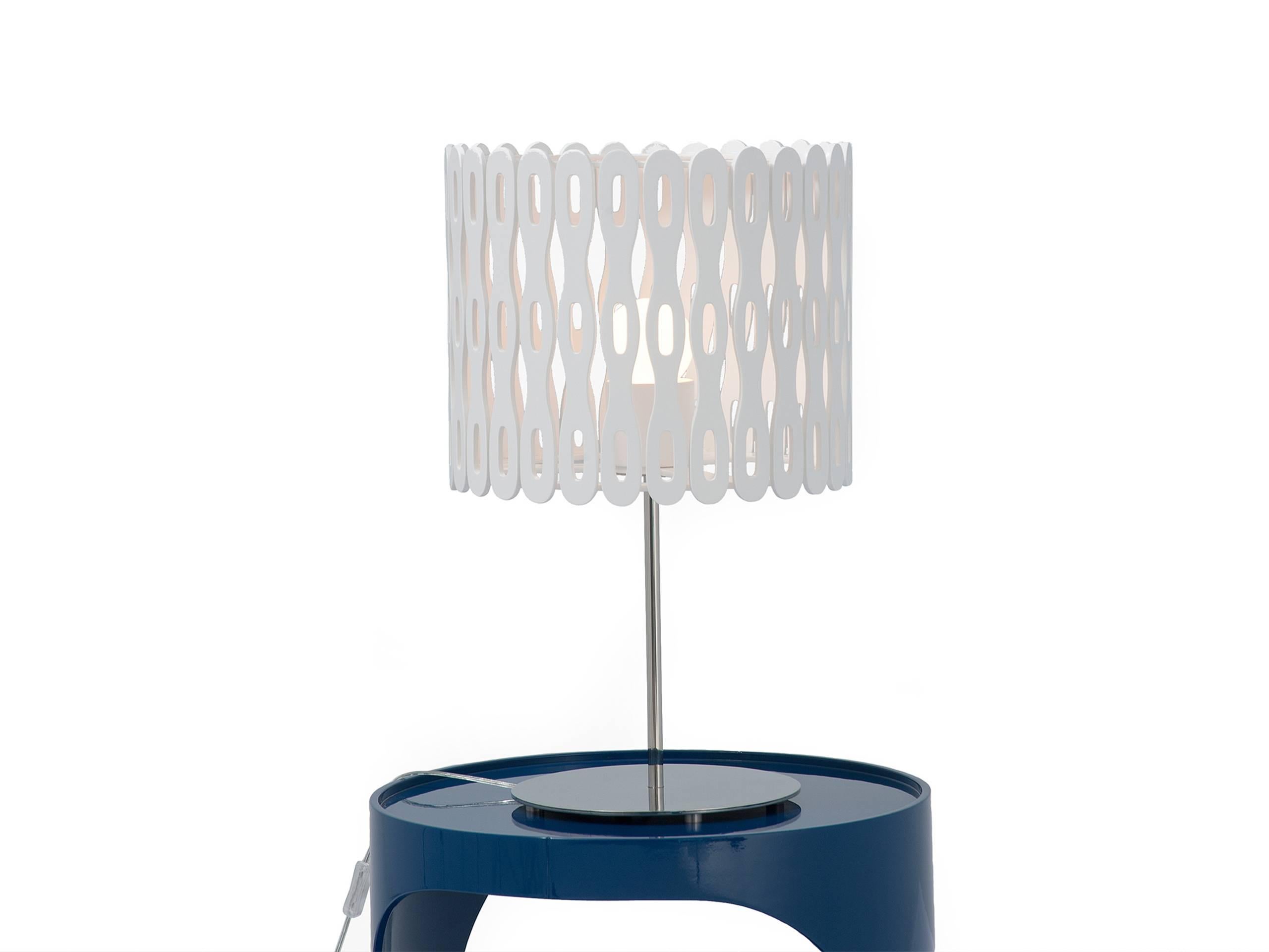 Stainless Steel Arpoador Brazilian Contemporary Graphic Pattern Cut Wood Table Lamp by Lattoog