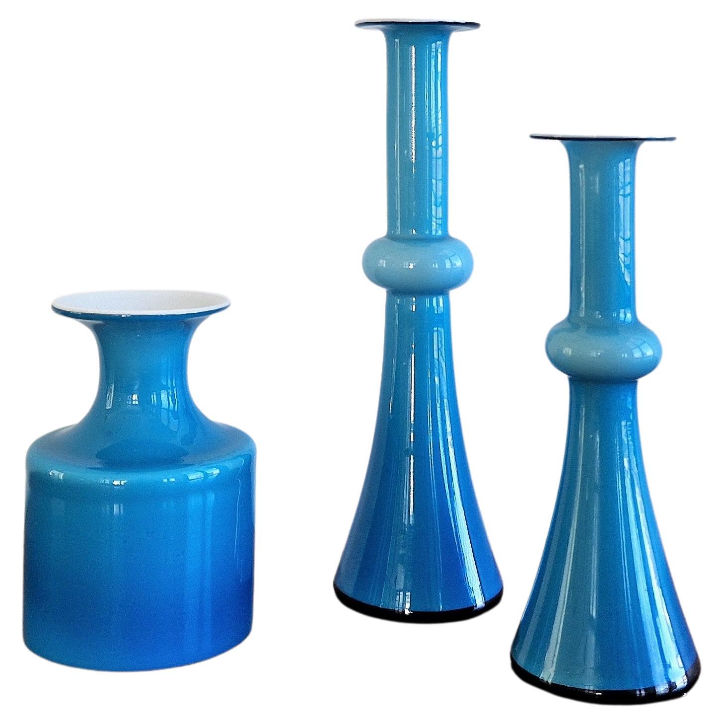Arrangement de 3 vases 'Carnaby' en verre bleu par Per Lütken pour Holmegaard