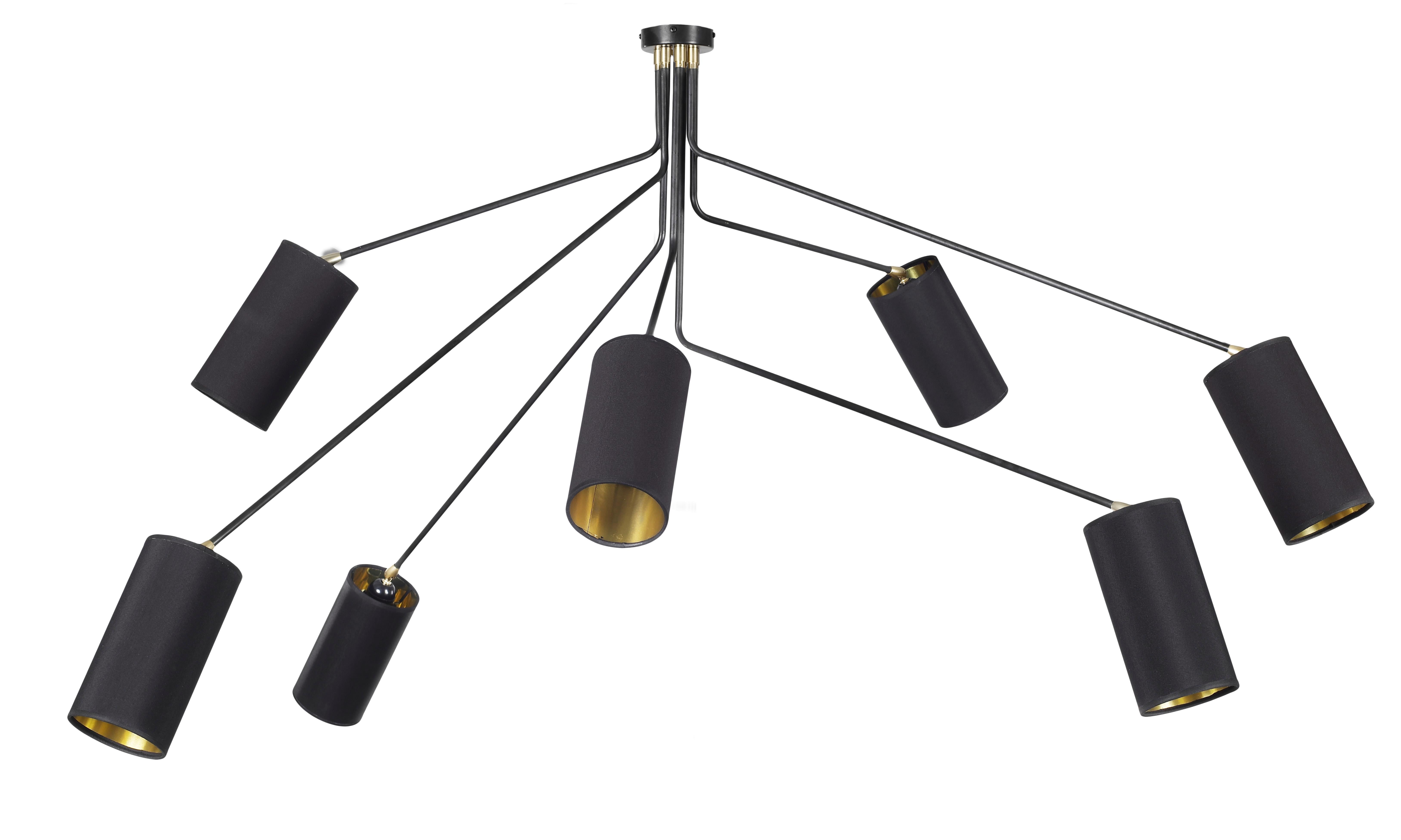 Array cotton pendant light by CTO Lighting
Materials: Bronze with satin brass details, black cotton shades/gold lining 
Dimensions: 185 x H 87 cm

All our lamps can be wired according to each country. If sold to the USA it will be wired for the