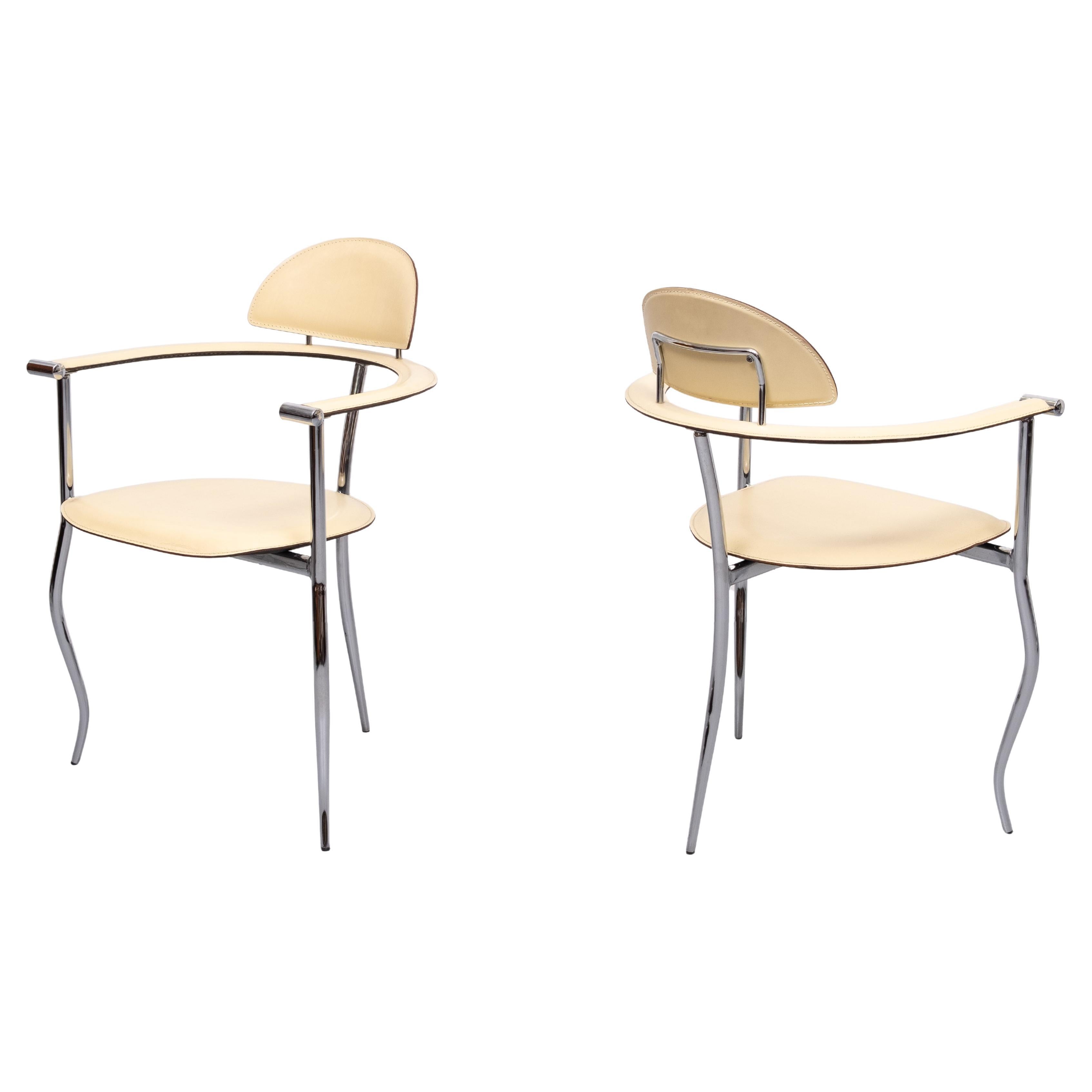 Love this crazy chair design by Italian  Arrben  model '' Stiletto ''   These chairs are supported by chrome frames and are upholstered with stitched leather seating and backrests, comes in a light yellow color .  They are 
in a wonderful good