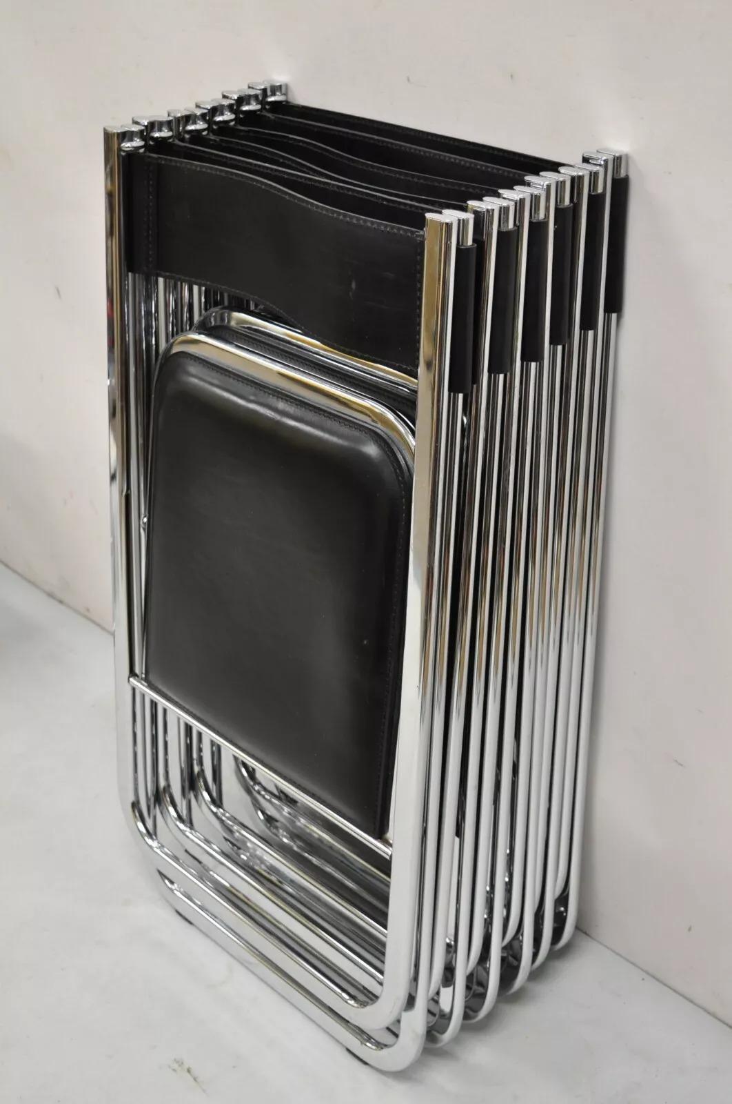 Mid-Century Modern Arrben Italy Italian Modern Chrome Black Leather Tamara Folding Chair - Set of 6