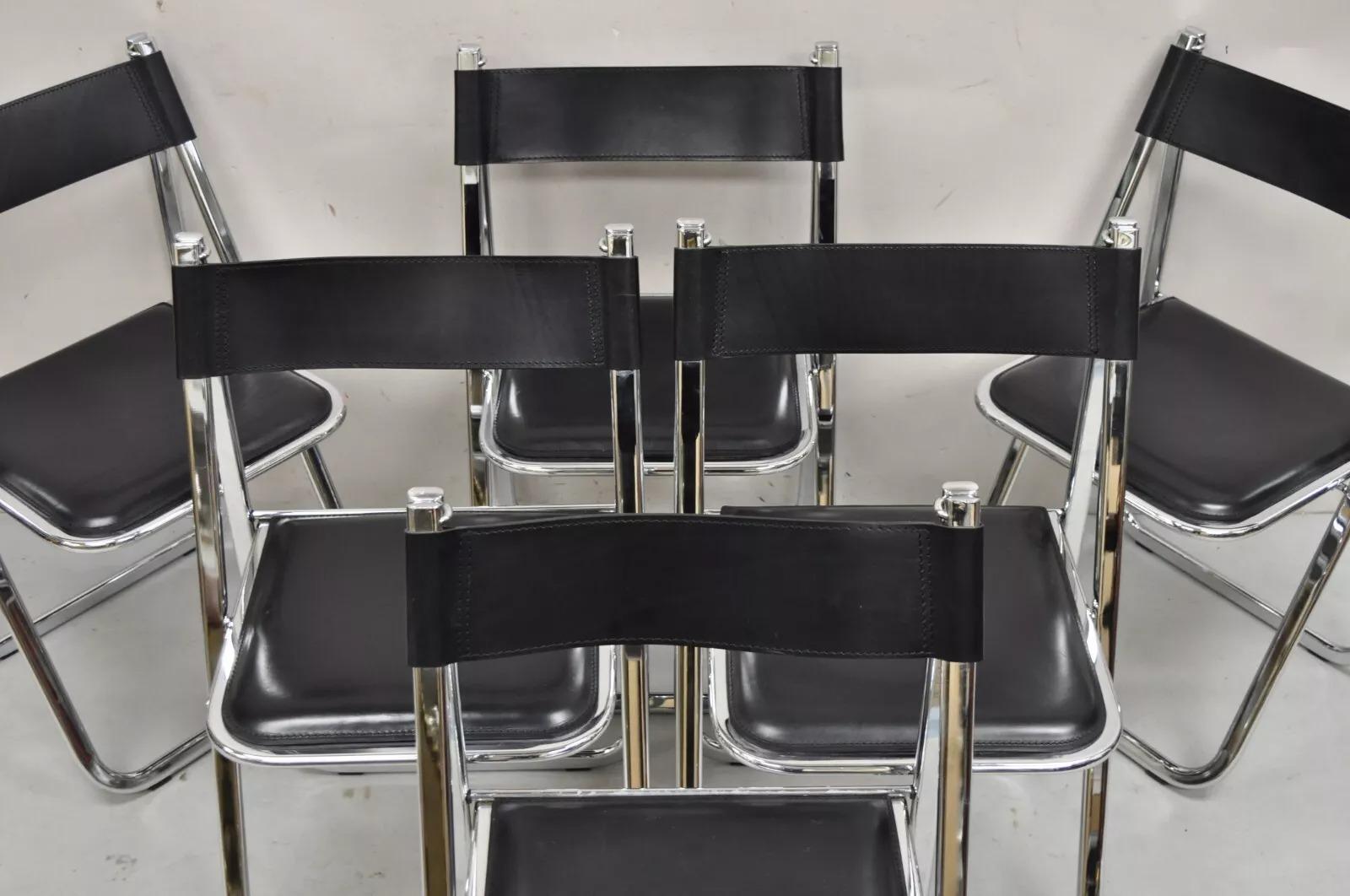 Arrben Italy Italian Modern Chrome Black Leather Tamara Folding Chair - Set of 6 2