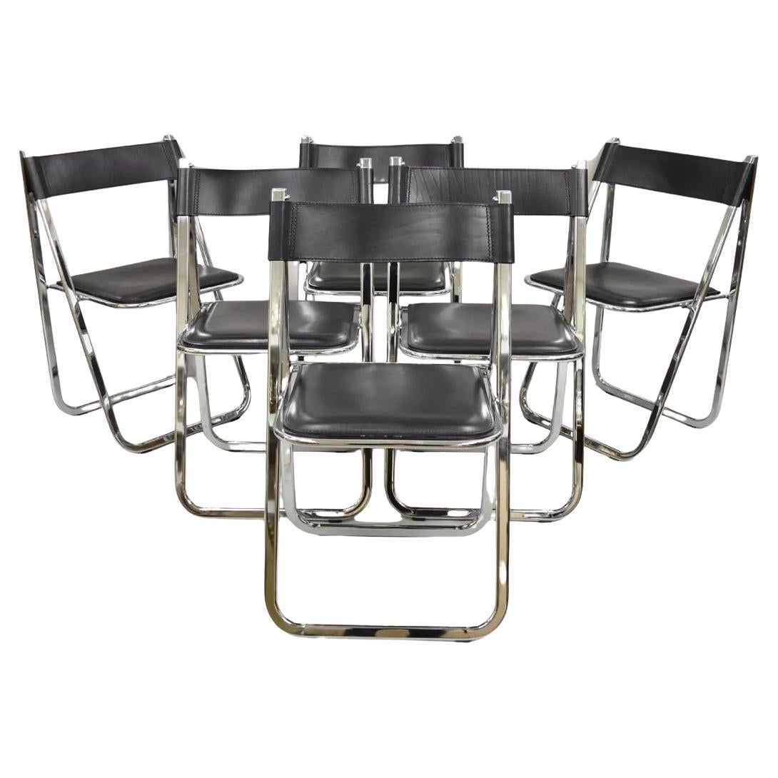 Arrben Italy Italian Modern Chrome Black Leather Tamara Folding Chair - Set of 6