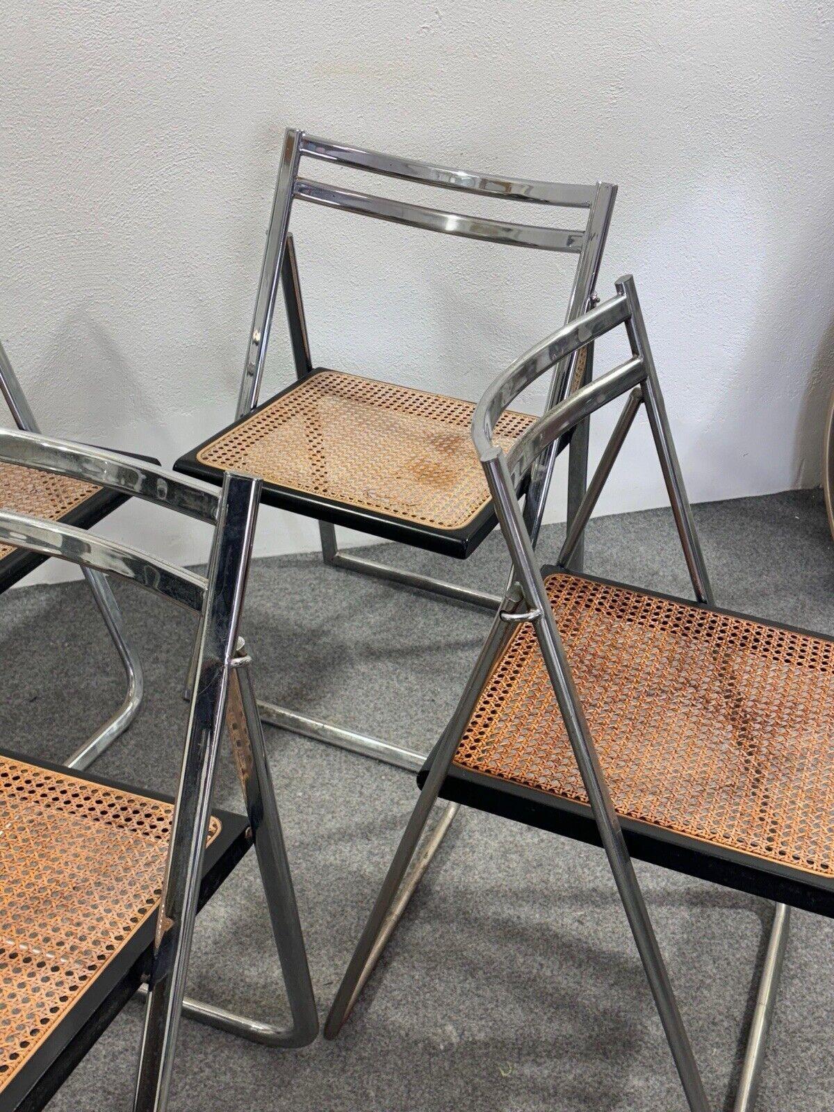 Steel Arrben Italy set of 4 Flip Chair Rattan 1970's Design Modernity