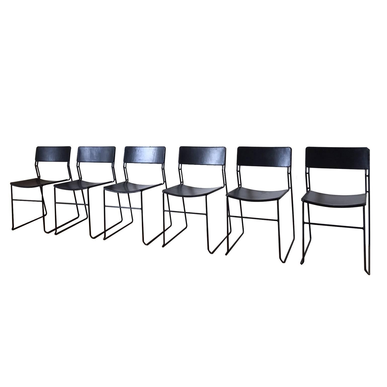 Arrben Italy, Set of Six Midcentury 'Sultana' Dining Chairs, Metal and Leather