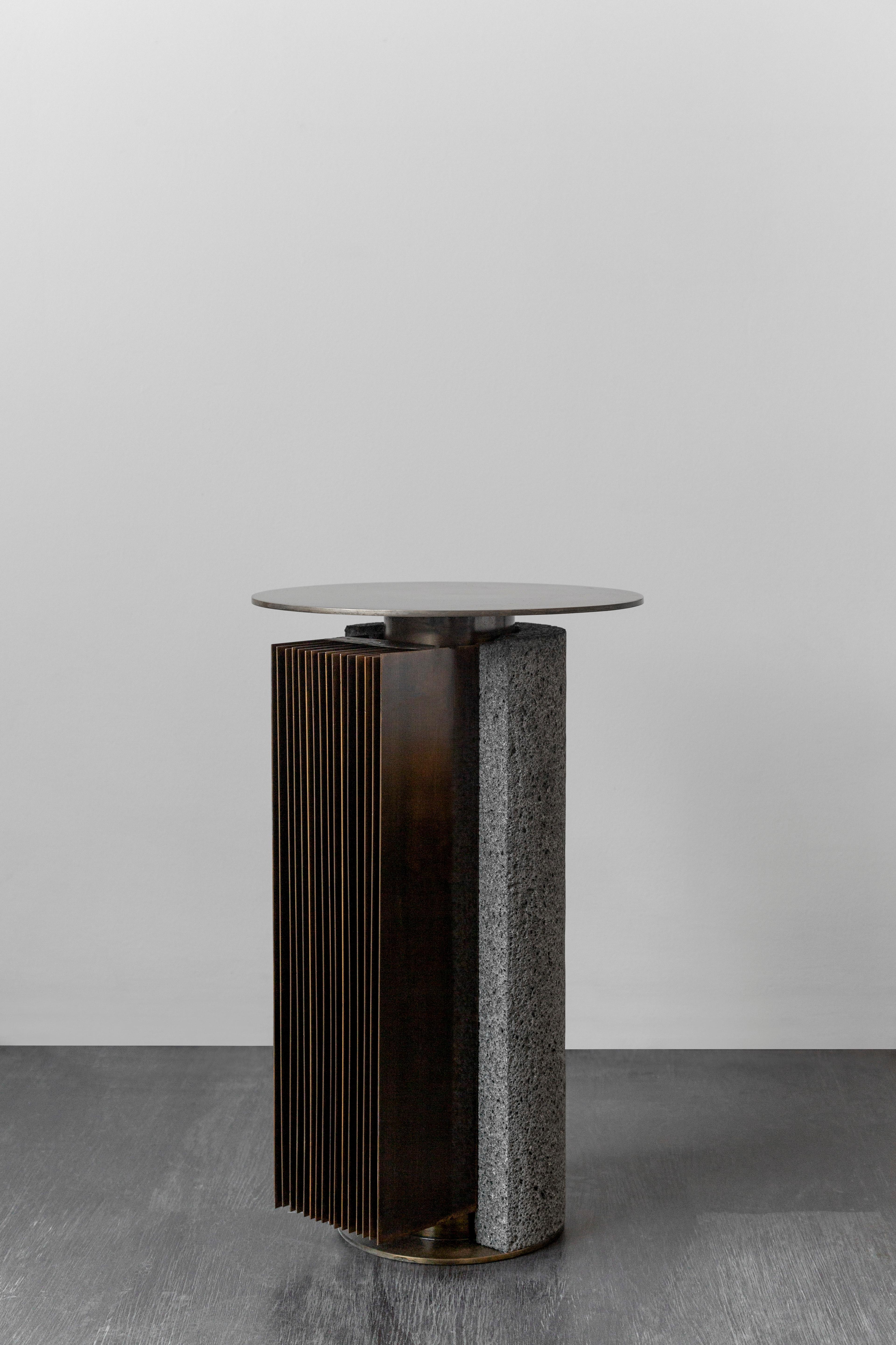 Arrebol Rayado Side Table by STUDIOROCA
Dimensions: W 30 x D 30 x H 50 cm
Materials: Stone, Brass Plated Steel 

STUDIOROCA is a Mexico City design studio focused on architecture, interior design and contemporary furniture. Its penchant for