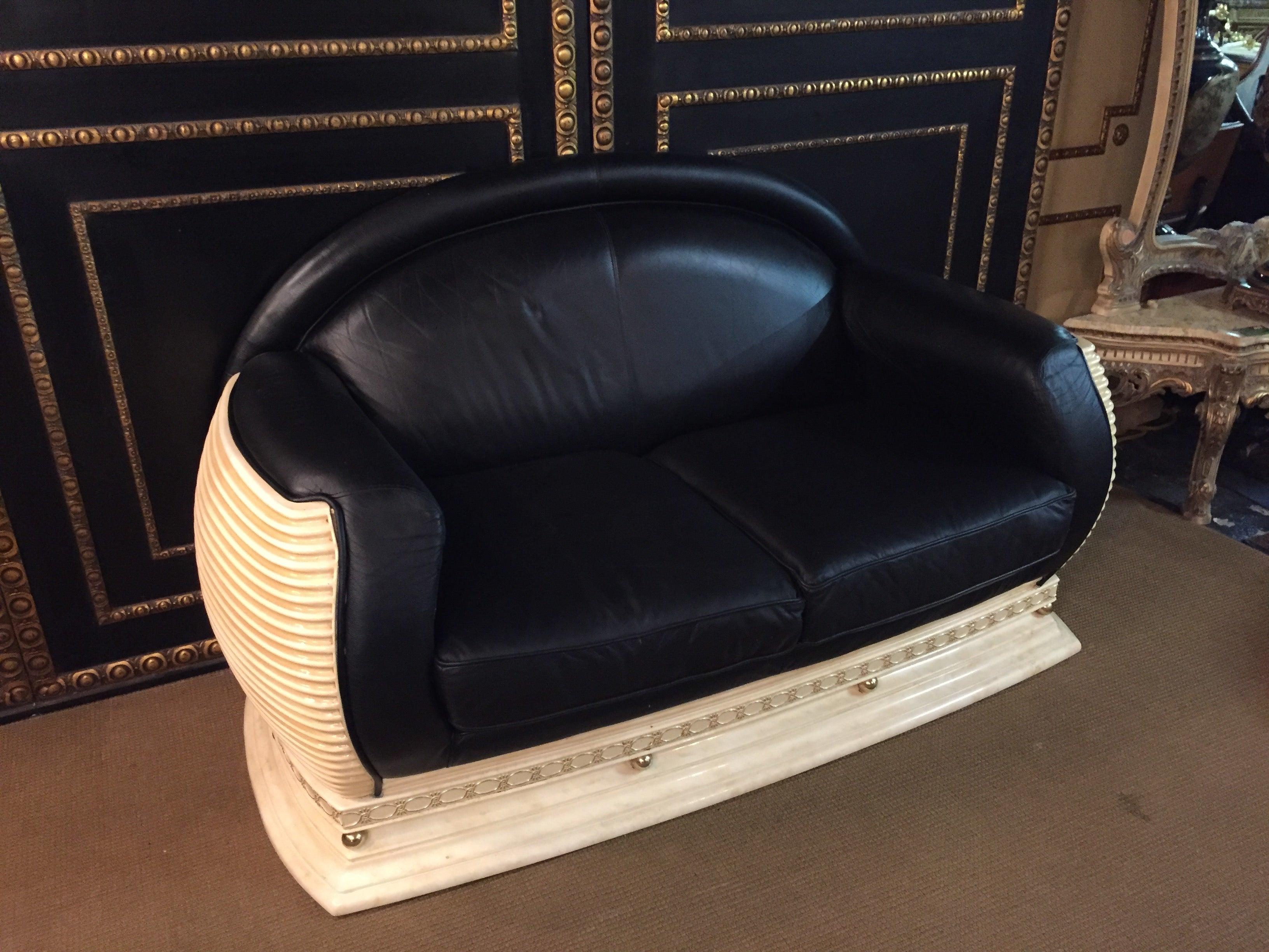 Arredo Classic Designer Sofa in Art Deco Style Black Leather For Sale 2