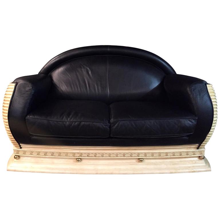 Arredo Classic Designer Sofa in Art Deco Style Black Leather For Sale