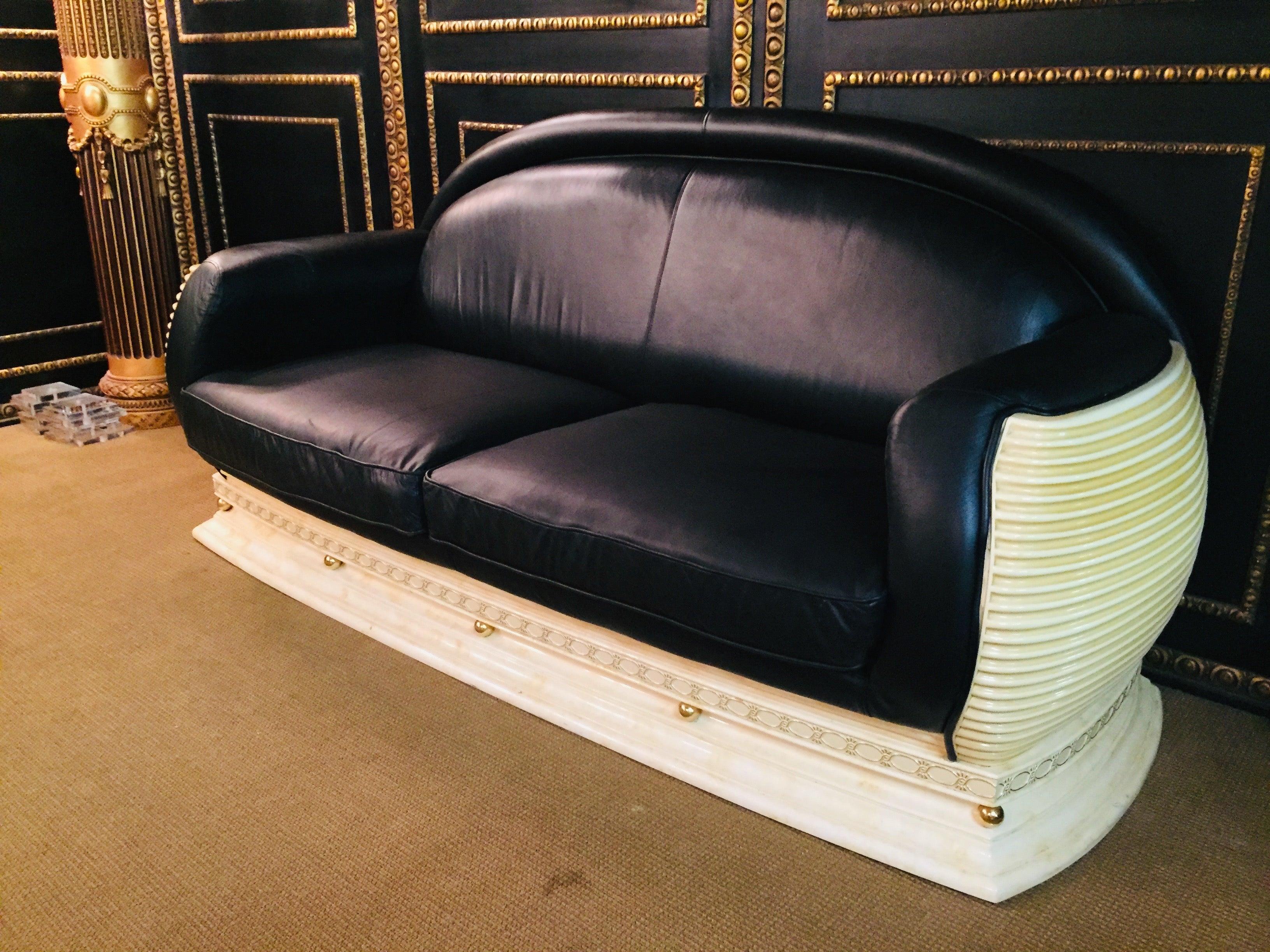 Italian Arredo Classic Design Sofa in Art Deco Style Black Leather Made in Italy  For Sale